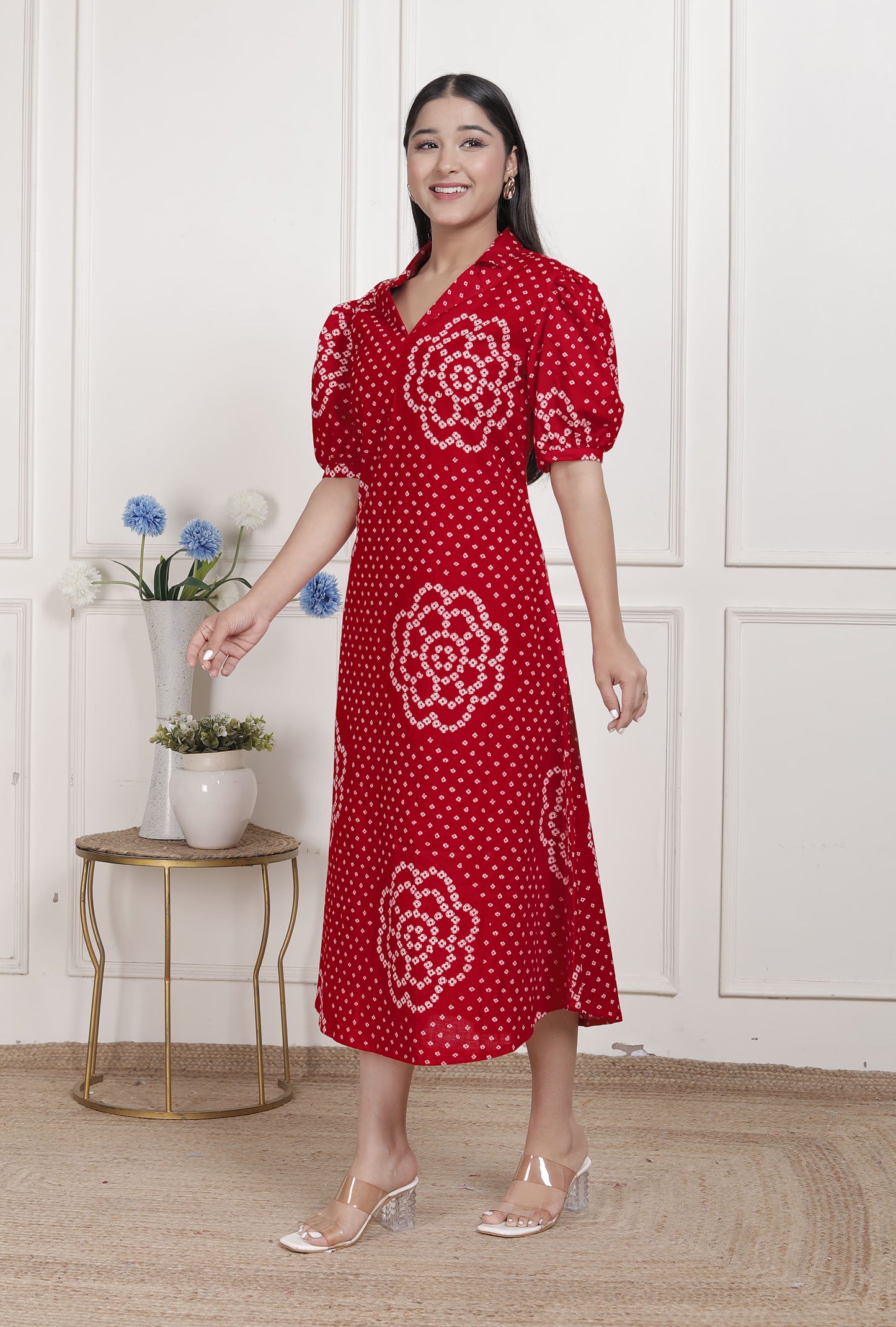 Miravan Womens Red Bandhani Printed Collar Neck Midi Dress