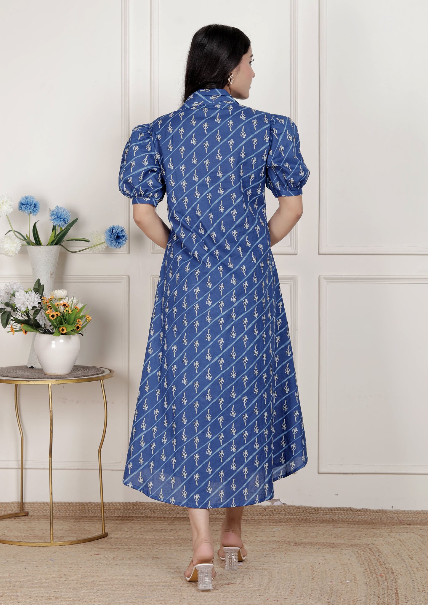 Miravan Womens Floral Print Collar-Neck Puff Sleeves A-Line Maxi Dress
