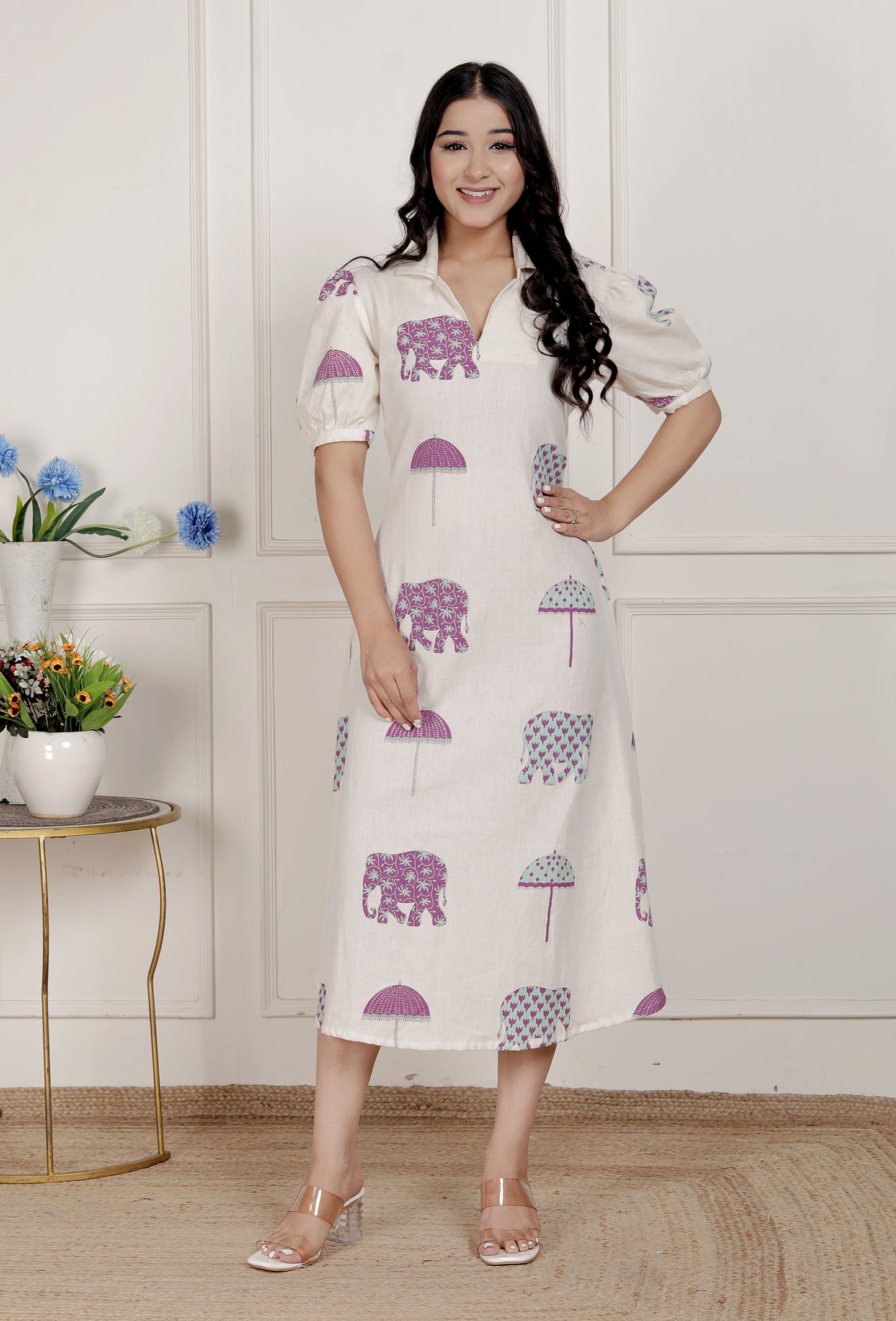 Miravan Womens Flex cotton Short sleeve Off White Animal print A-Line Maxi dress
