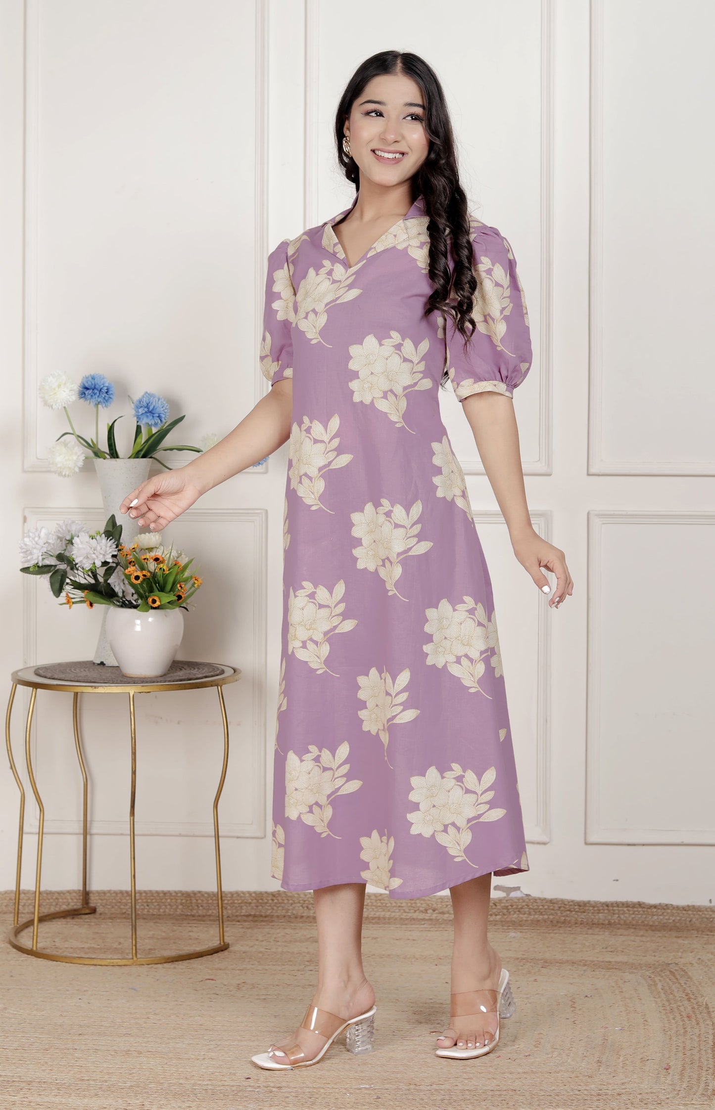 Miravan Womens Lavender Floral printed A-Line Maxi Dress