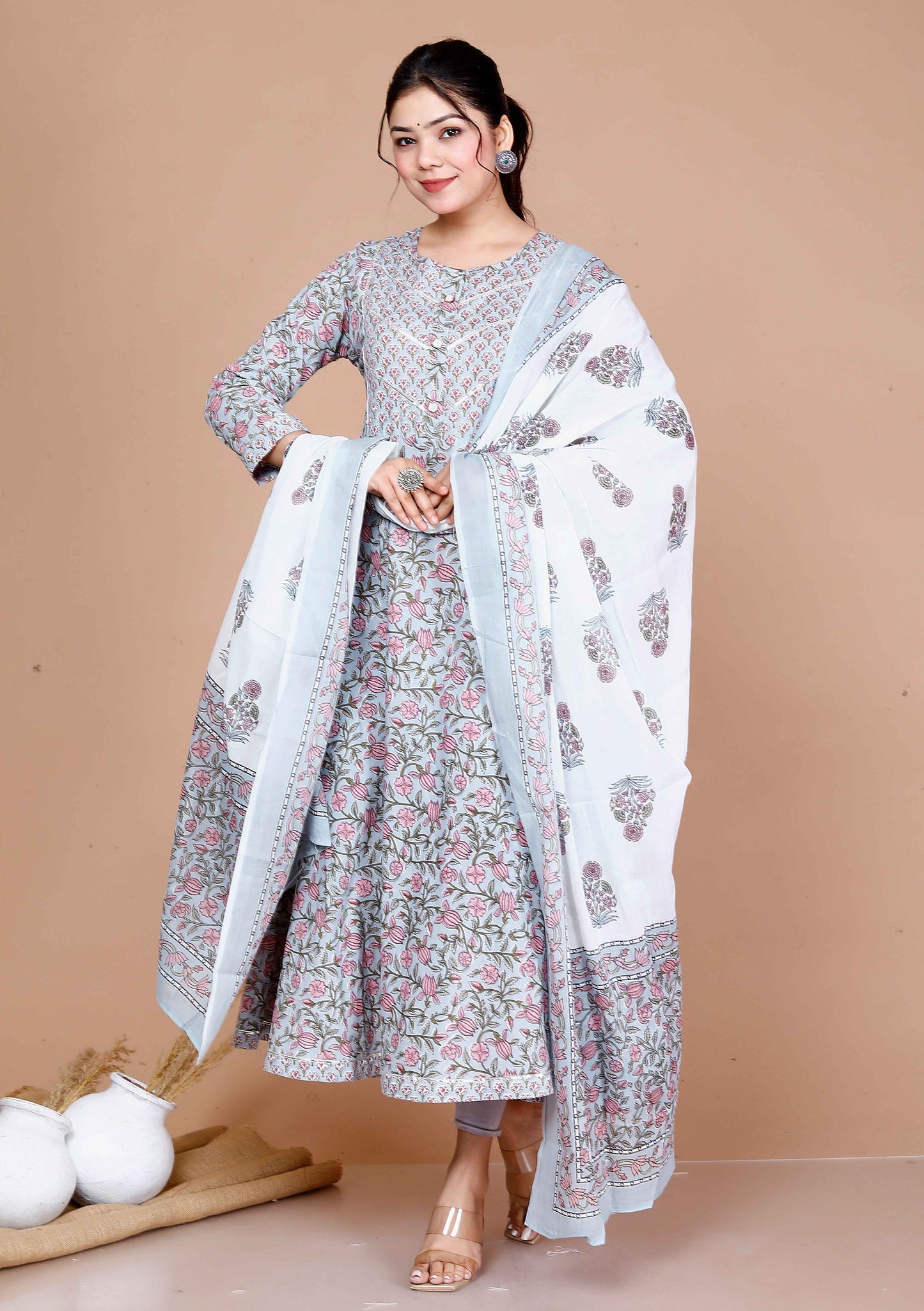 Women'S Blue Printed With Gota Patti Work Anarkali Kurta With Dupatta - Miravan