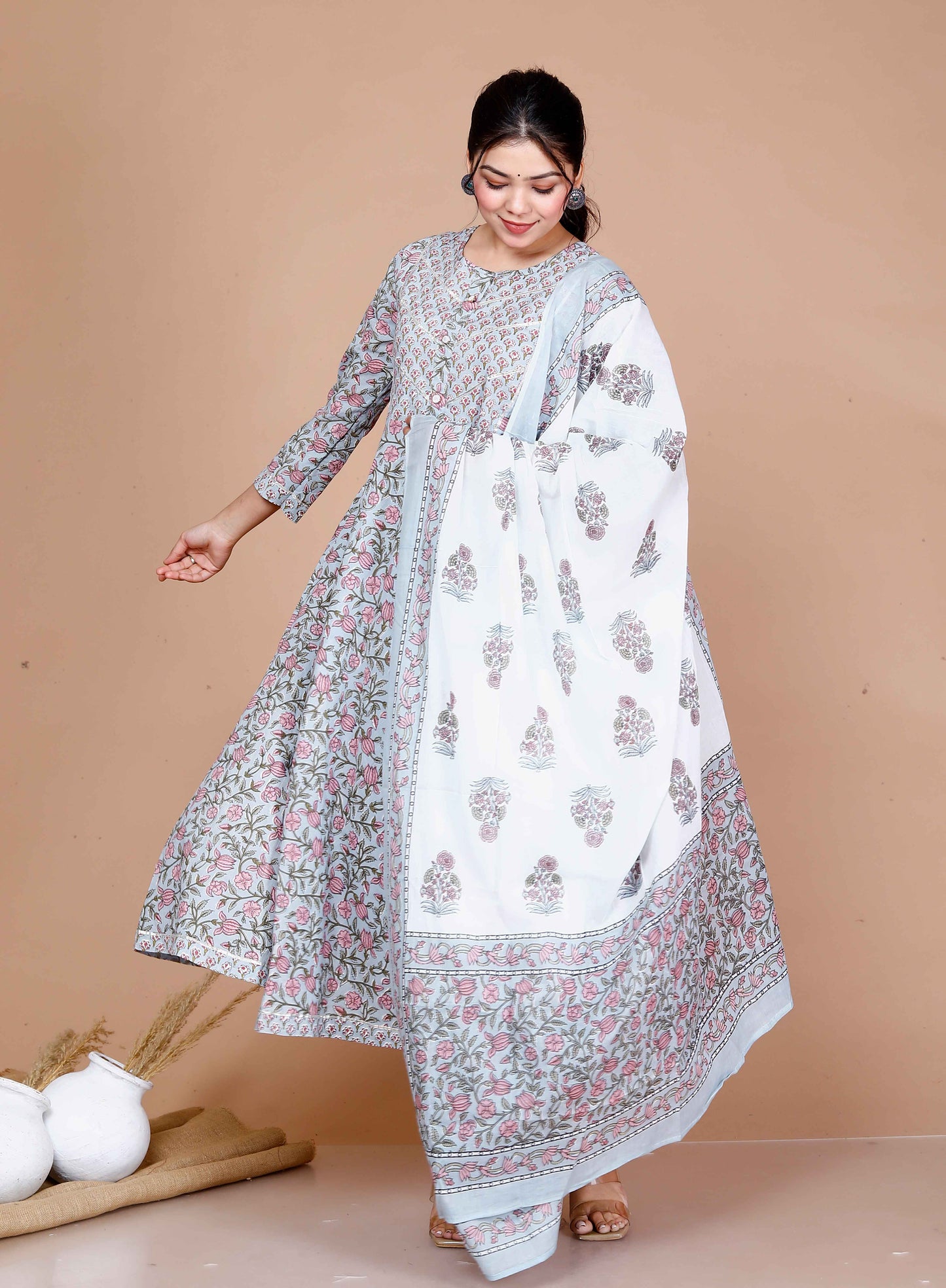 Women'S Blue Printed With Gota Patti Work Anarkali Kurta With Dupatta - Miravan