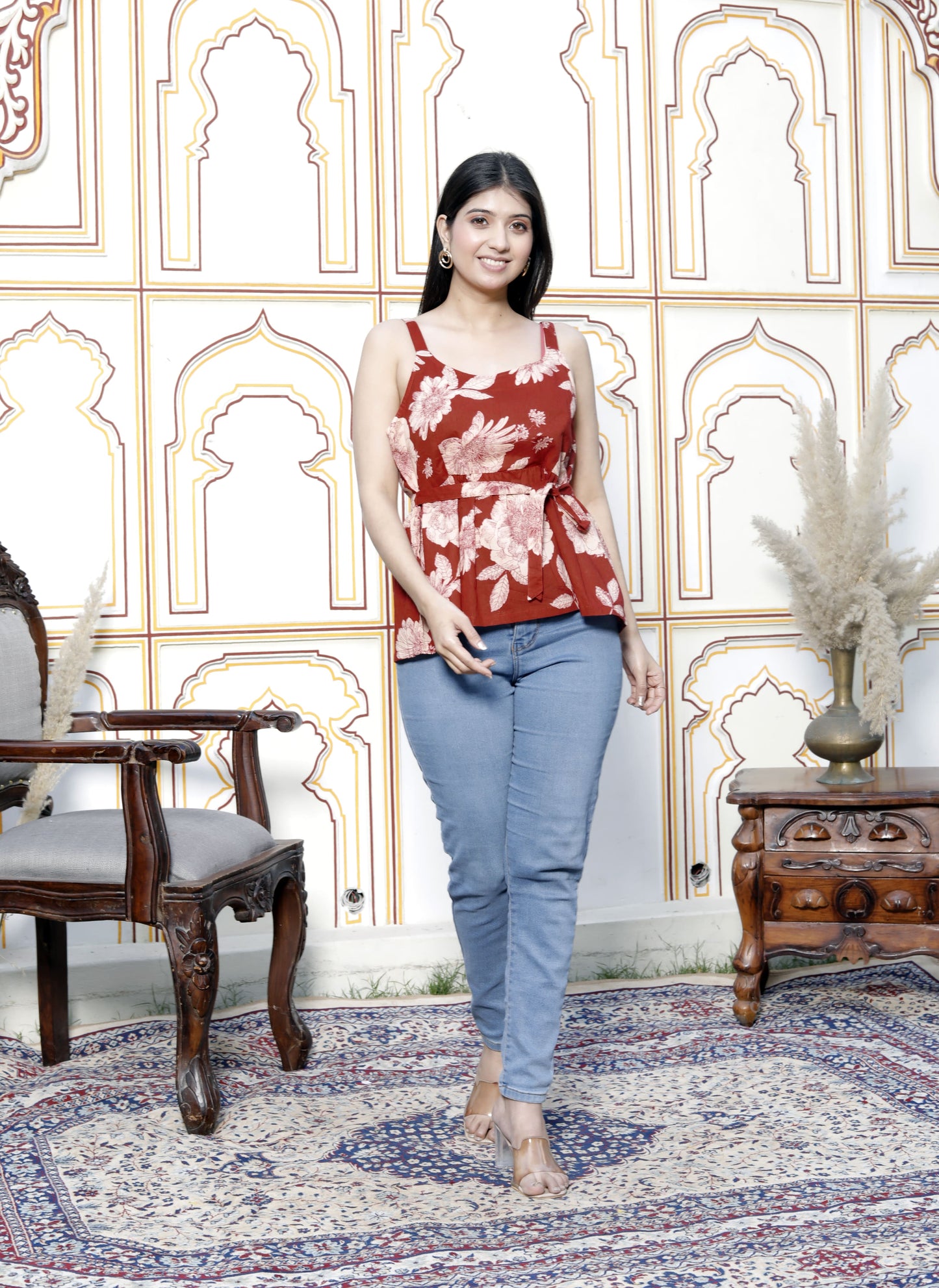 Miravan Womens Pure Cotton Red Beautiful Flower Printed Sleeveless Top With Noodle Straps