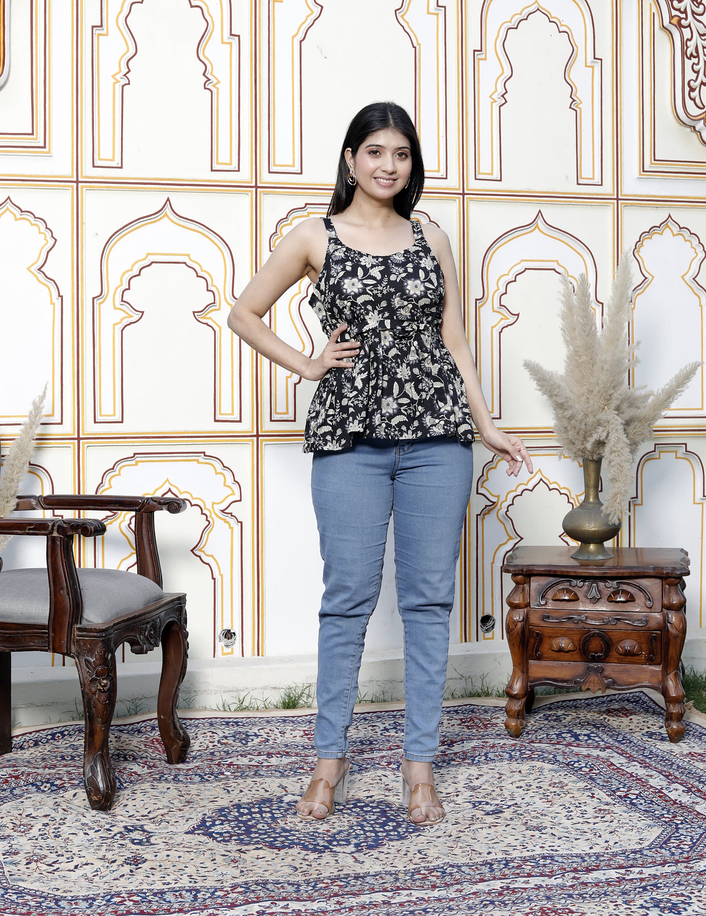 Miravan Womens Pure Cotton Black Floral Printed Noodle Straps Peplum Top