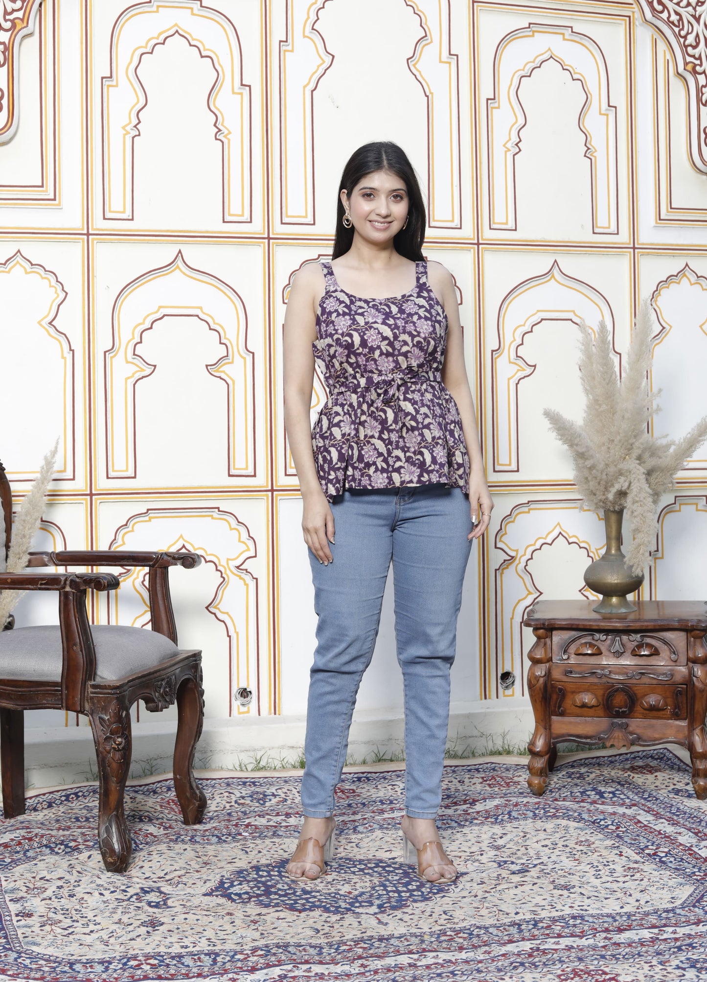 Miravan Womens Pure Cotton Floral Printed Purple Noodle Straps Short Peplum Top