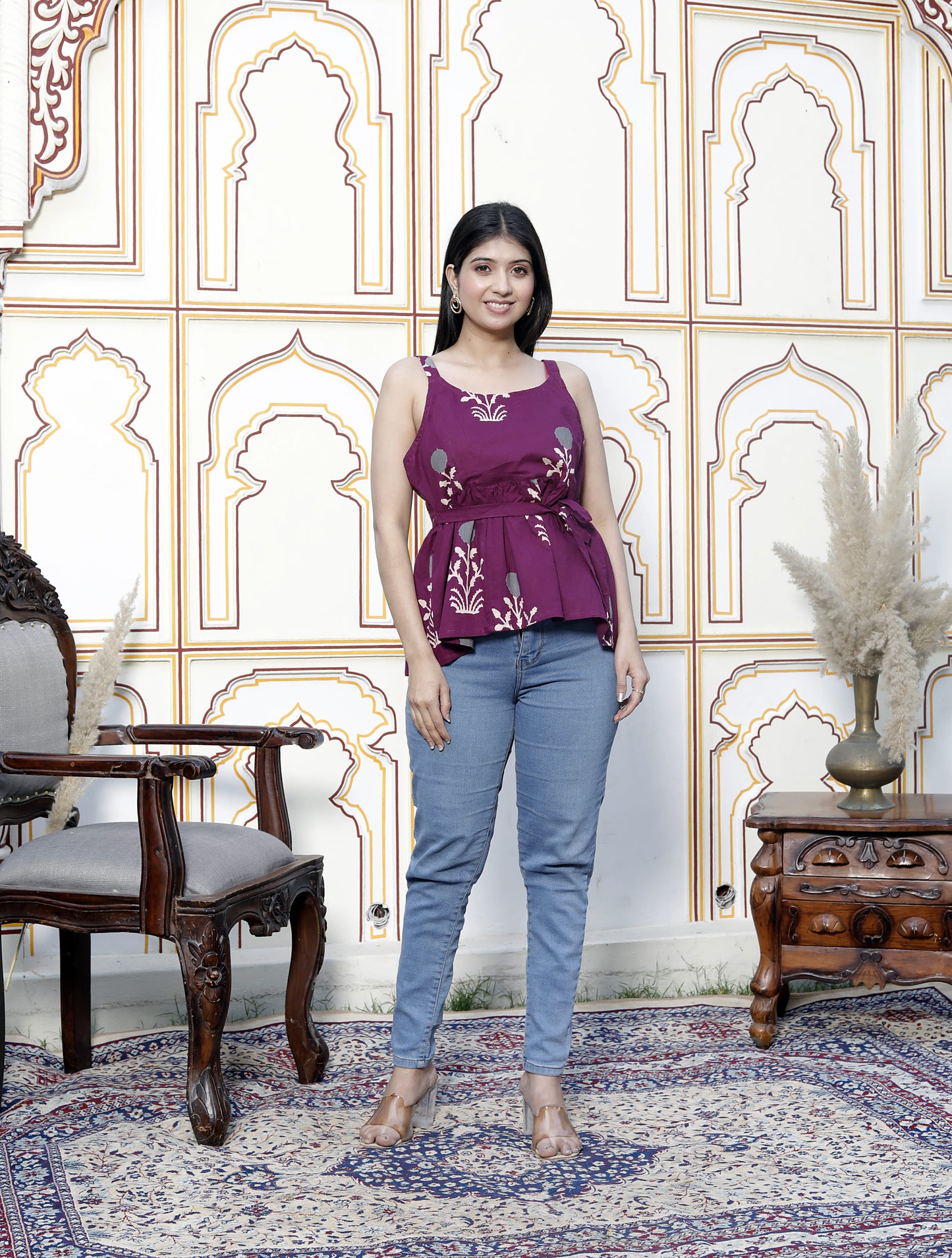 Miravan Womens Pure Cotton Purple Floral Printed Noodle Straps Flared Cotton Top