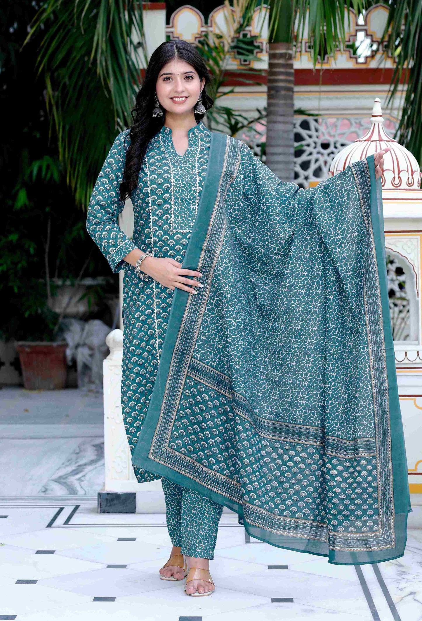 Women's Cotton Straight Style Blue Kurta With Palazzo And Dupatta - Miravan