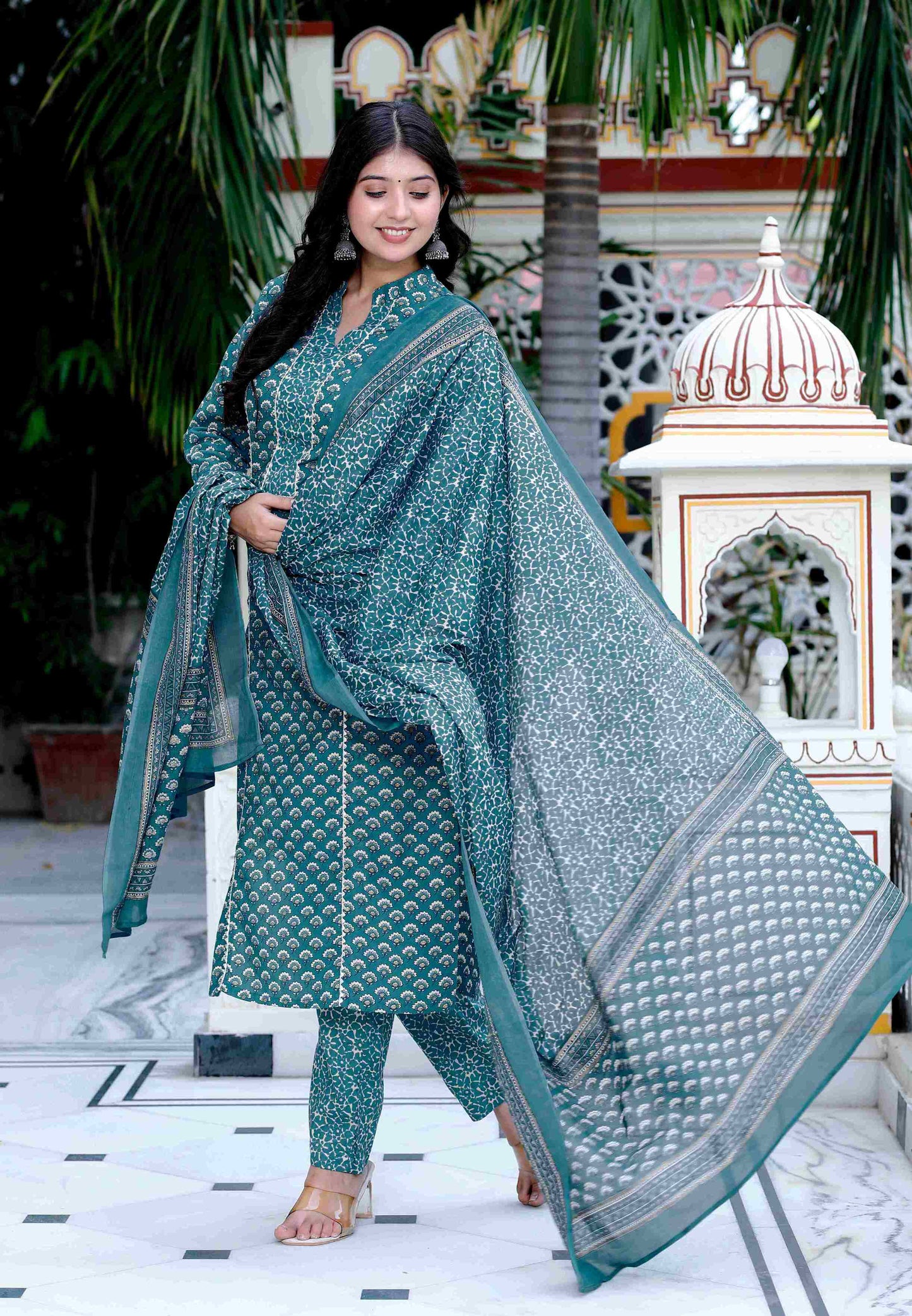 Women's Cotton Straight Style Blue Kurta With Palazzo And Dupatta - Miravan