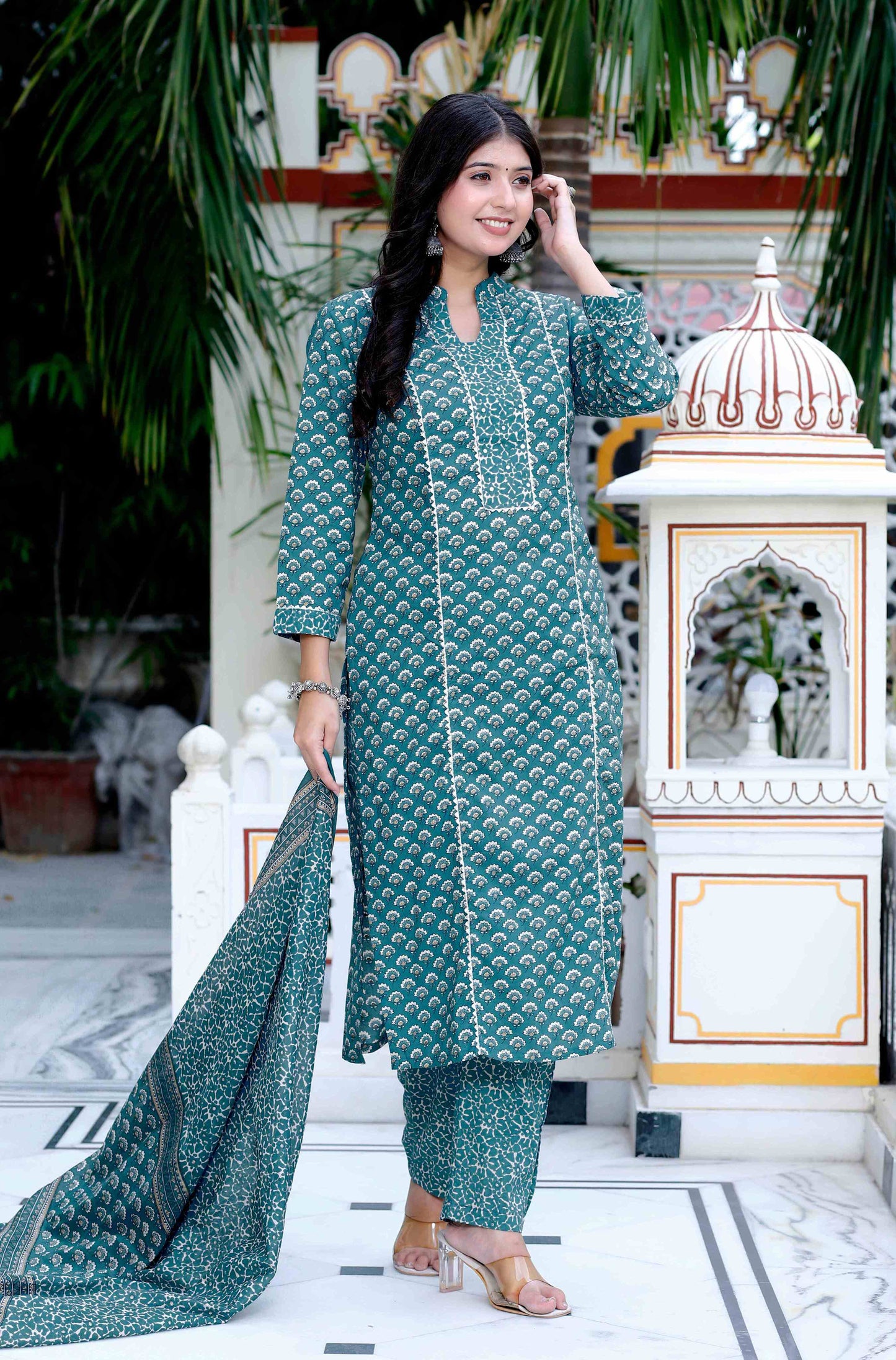 Women's Cotton Straight Style Blue Kurta With Palazzo And Dupatta - Miravan