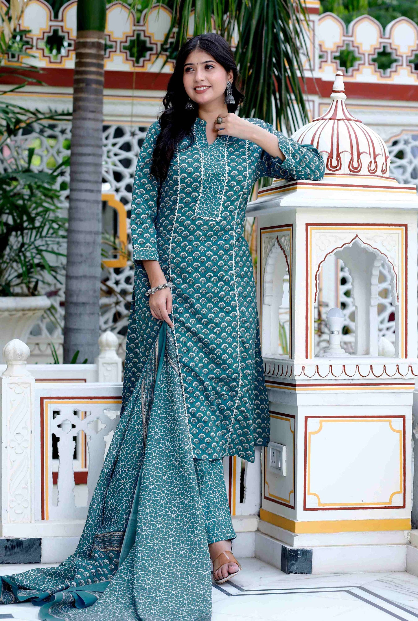 Women's Cotton Straight Style Blue Kurta With Palazzo And Dupatta - Miravan