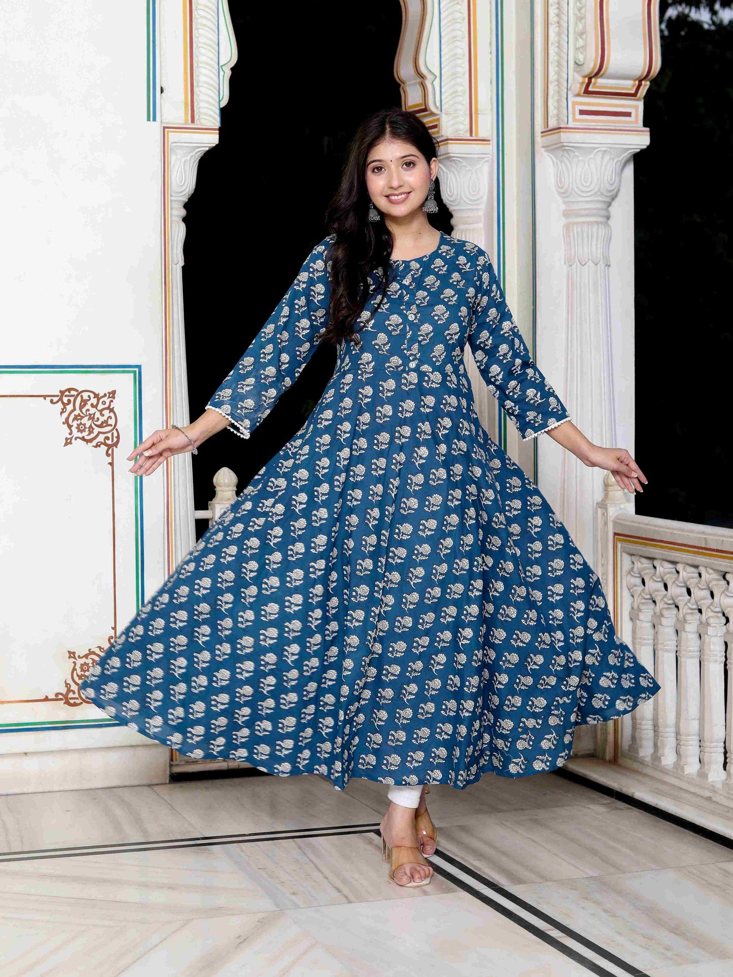 Women's Blue Cotton Floral Printed Anarkali Kurta - Miravan