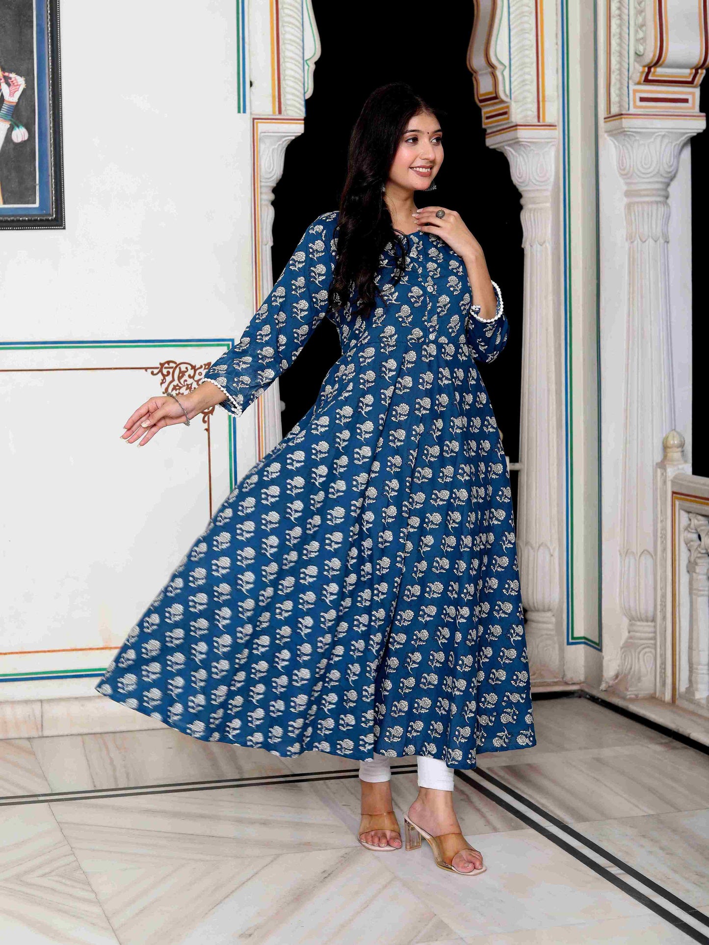 Women's Blue Cotton Floral Printed Anarkali Kurta - Miravan