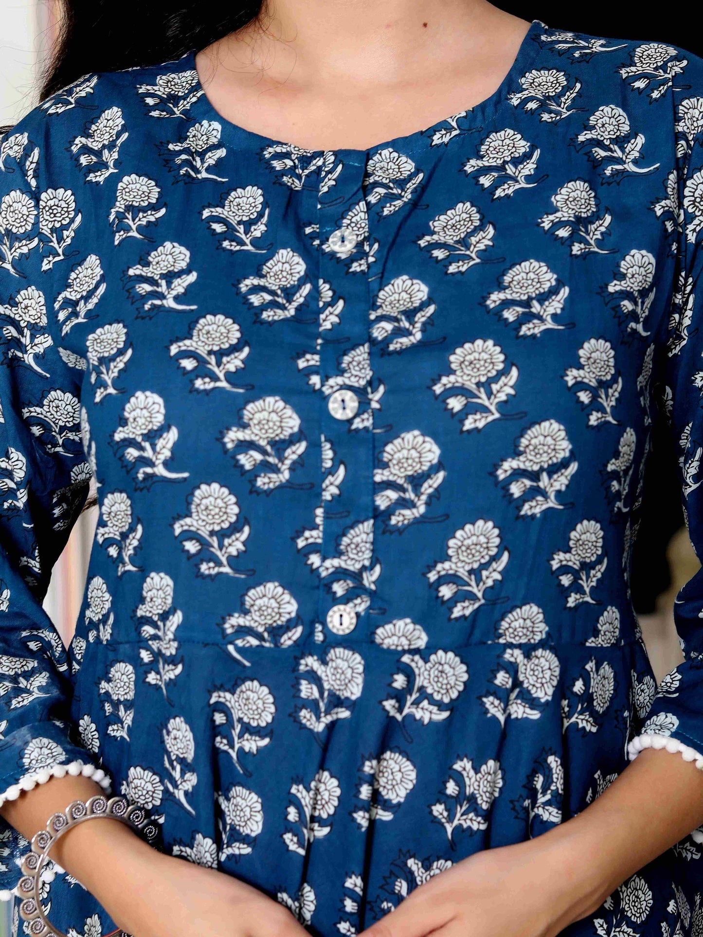 Women's Blue Cotton Floral Printed Anarkali Kurta - Miravan