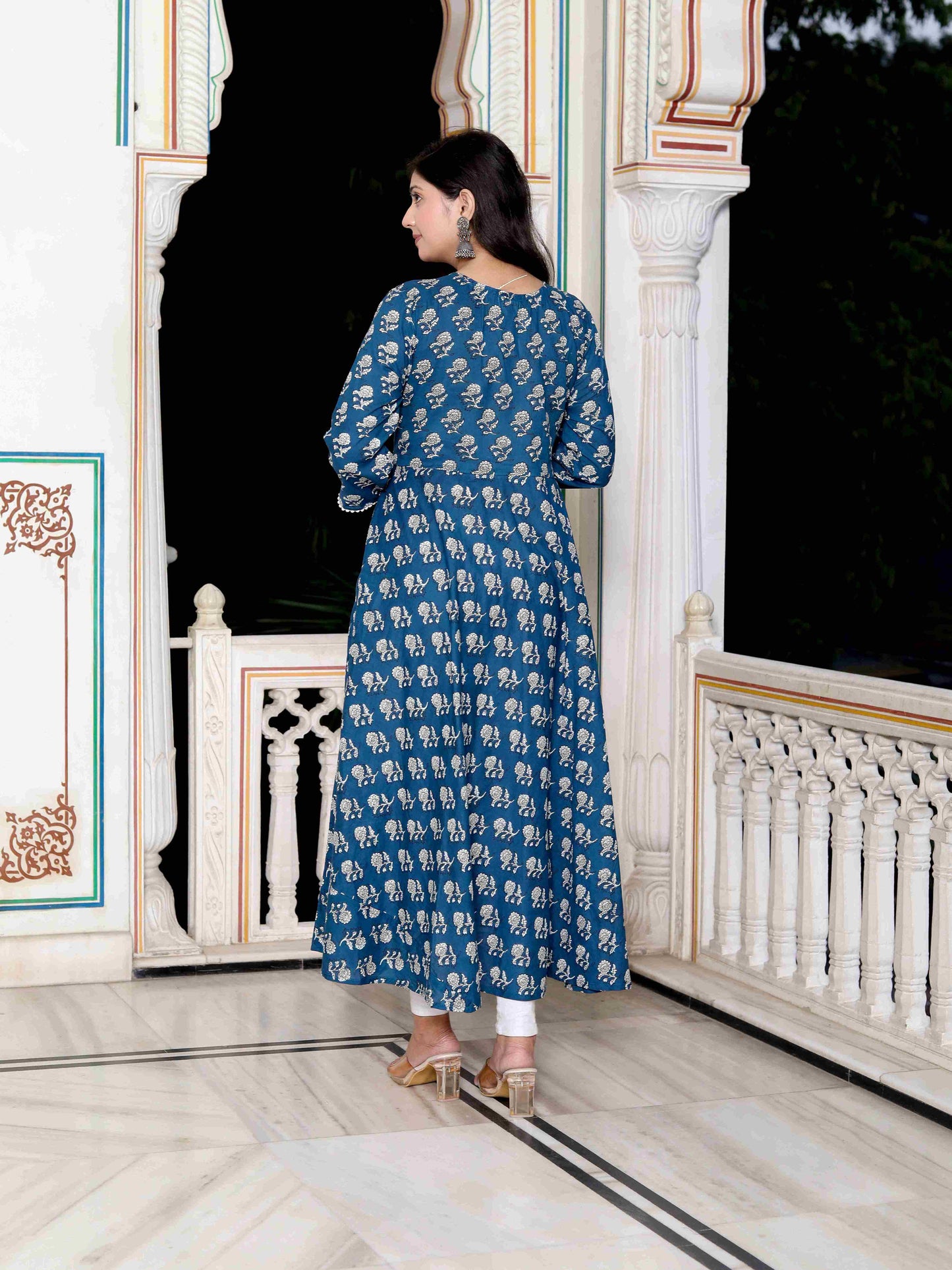 Women's Blue Cotton Floral Printed Anarkali Kurta - Miravan