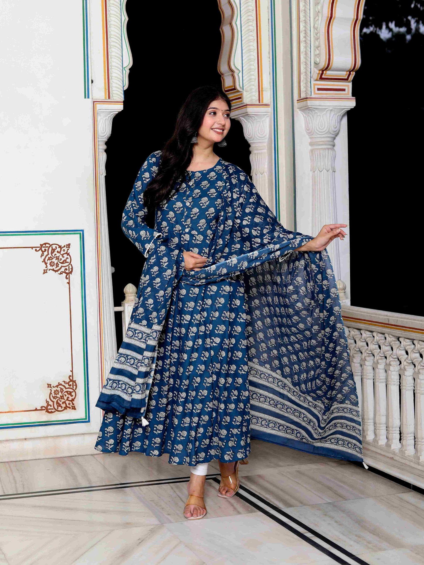 Women's Blue Cotton Floral Print Anarkali Kurta With Dupatta - Miravan