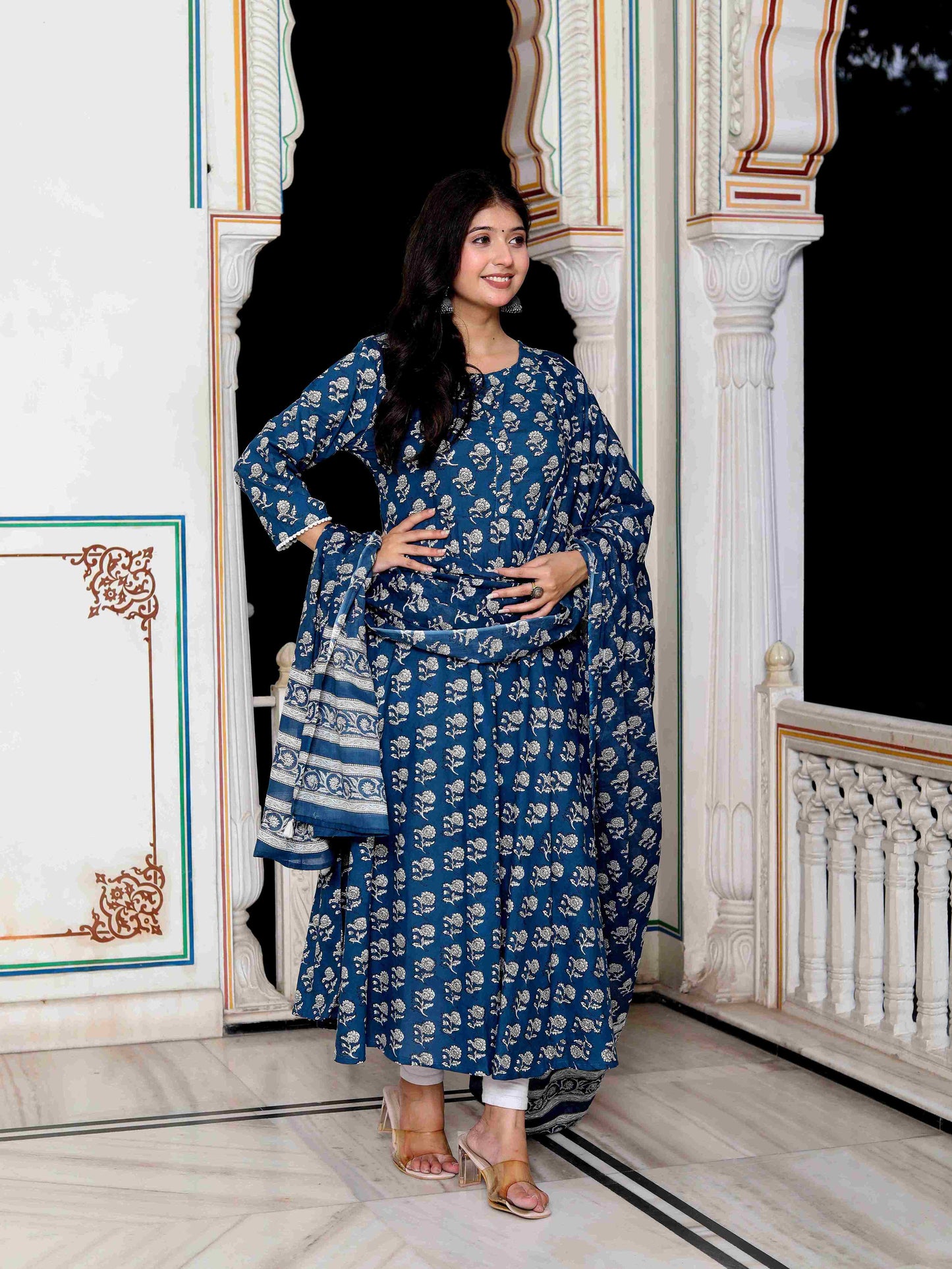 Women's Blue Cotton Floral Print Anarkali Kurta With Dupatta - Miravan