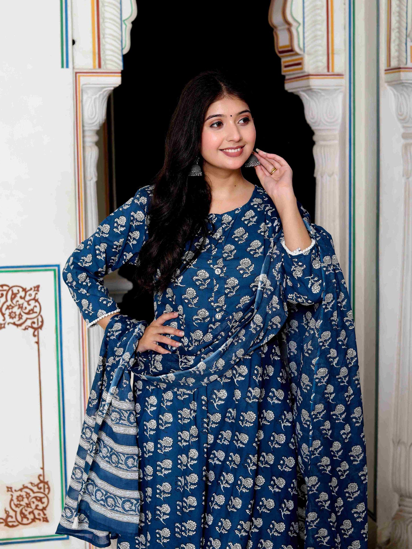 Women's Blue Cotton Floral Print Anarkali Kurta With Dupatta - Miravan