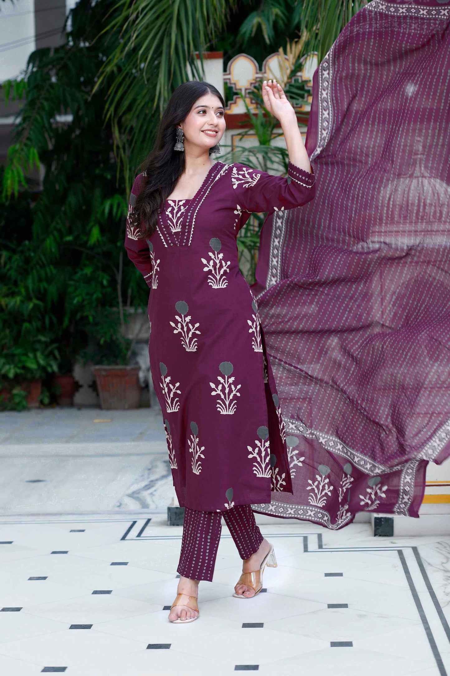 Women's Cotton Fabric Purple Kurta With Palazzo And Dupatta - Miravan