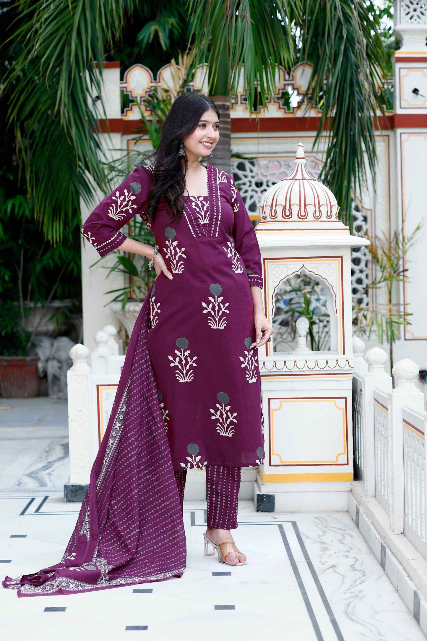Women's Cotton Fabric Purple Kurta With Palazzo And Dupatta - Miravan