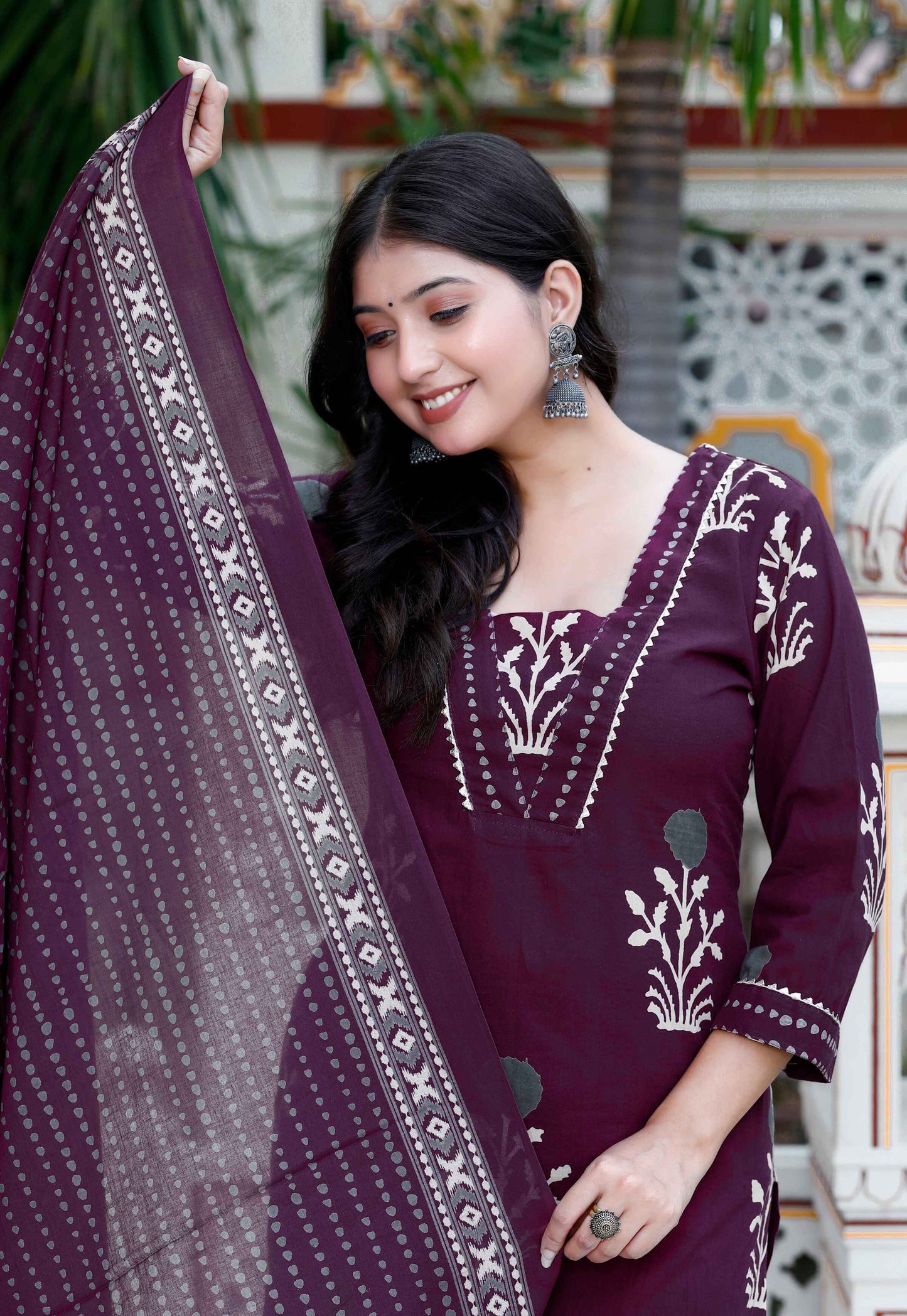 Women's Cotton Fabric Purple Kurta With Palazzo And Dupatta - Miravan