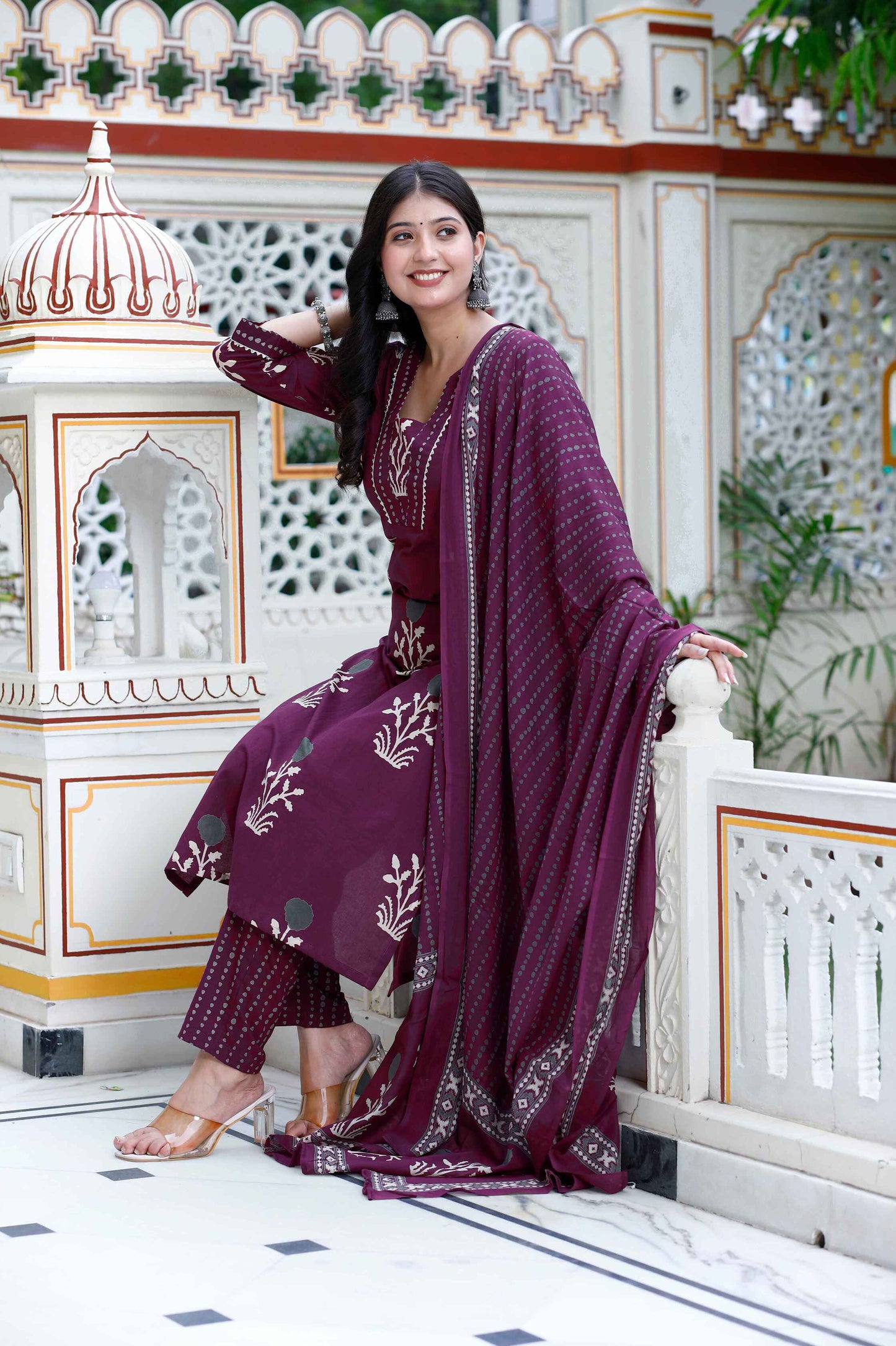 Women's Cotton Fabric Purple Kurta With Palazzo And Dupatta - Miravan