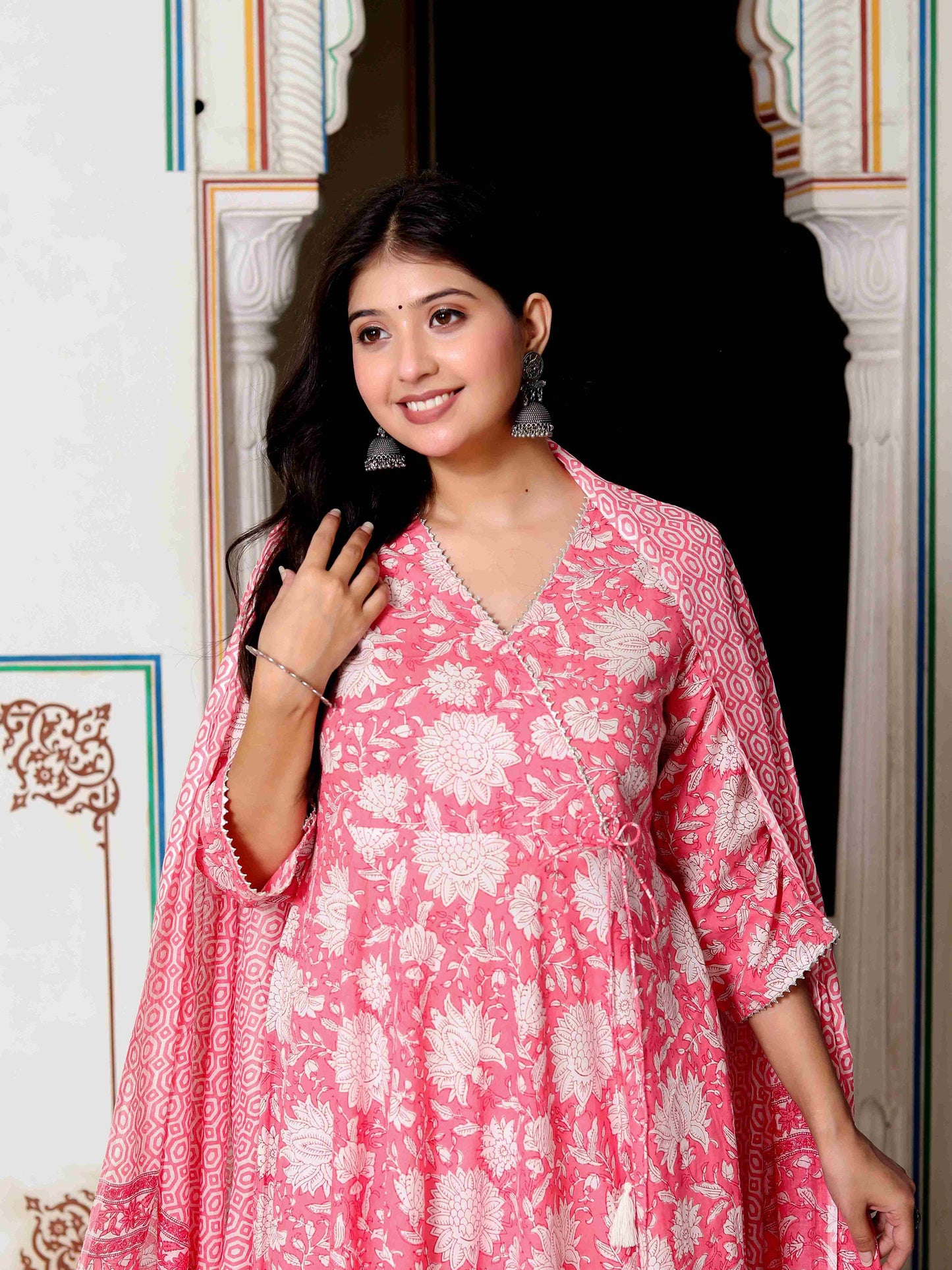 Women's Pink Cotton Floral Print Anarkali Kurta With Dupatta - Miravan