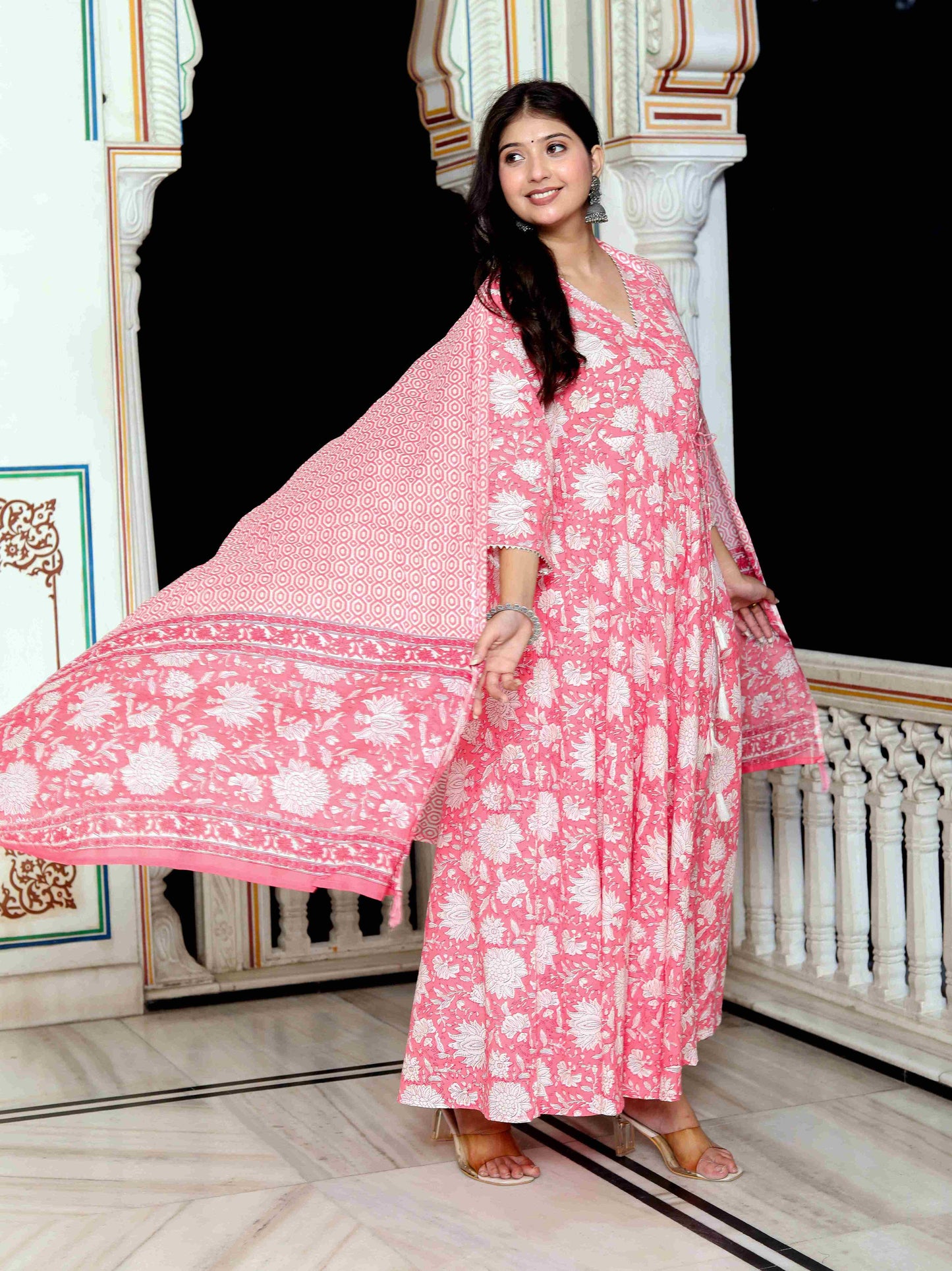 Women's Pink Cotton Floral Print Anarkali Kurta With Dupatta - Miravan
