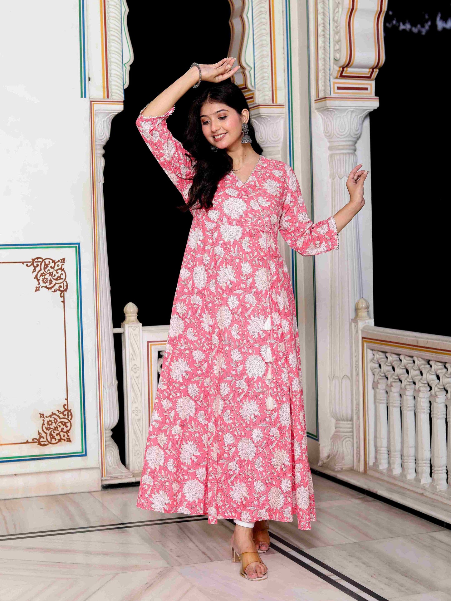 Women's Pink Cotton Floral Printed Anarkali Kurta - Miravan