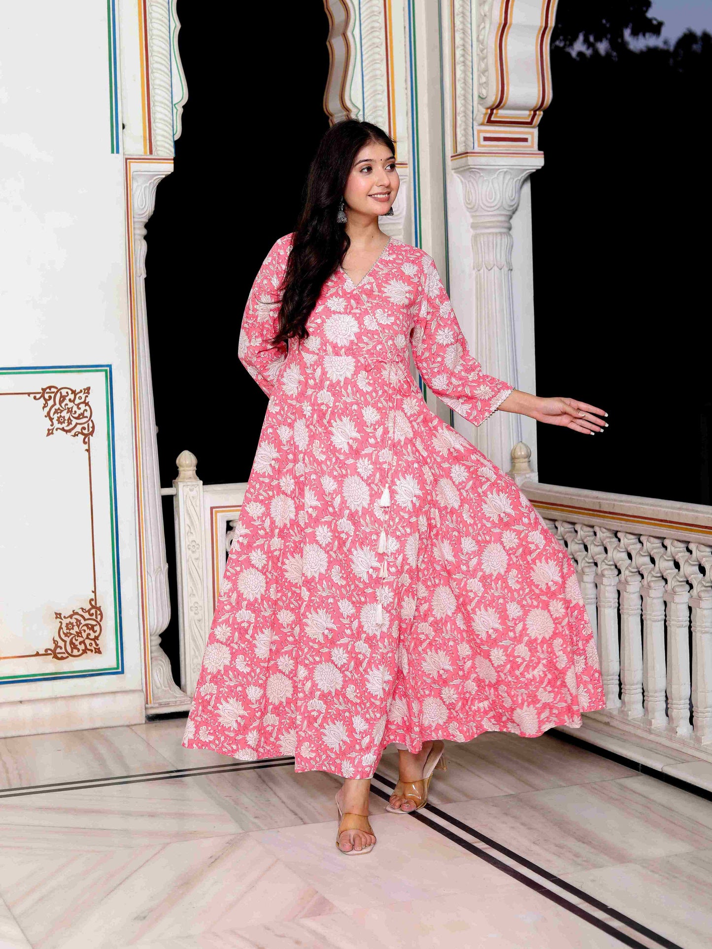 Women's Pink Cotton Floral Printed Anarkali Kurta - Miravan