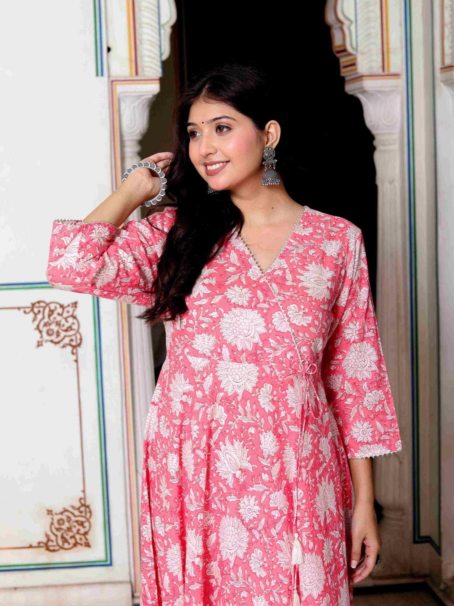 Women's Pink Cotton Floral Printed Anarkali Kurta - Miravan