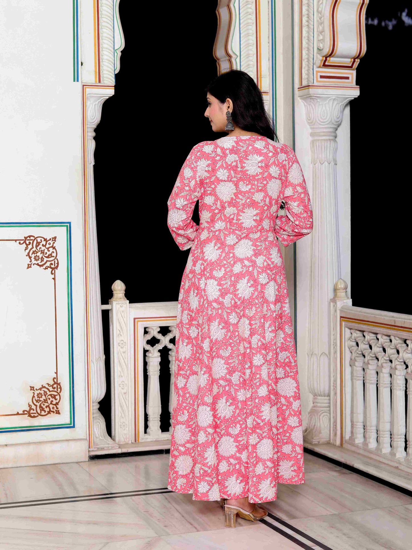 Women's Pink Cotton Floral Printed Anarkali Kurta - Miravan