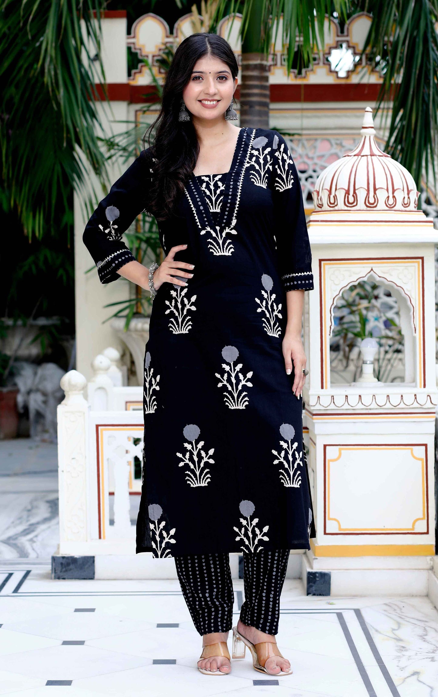 Women's Cotton Gota Patti Black Floral Printed Straight Kurta Palazzo Set - Miravan