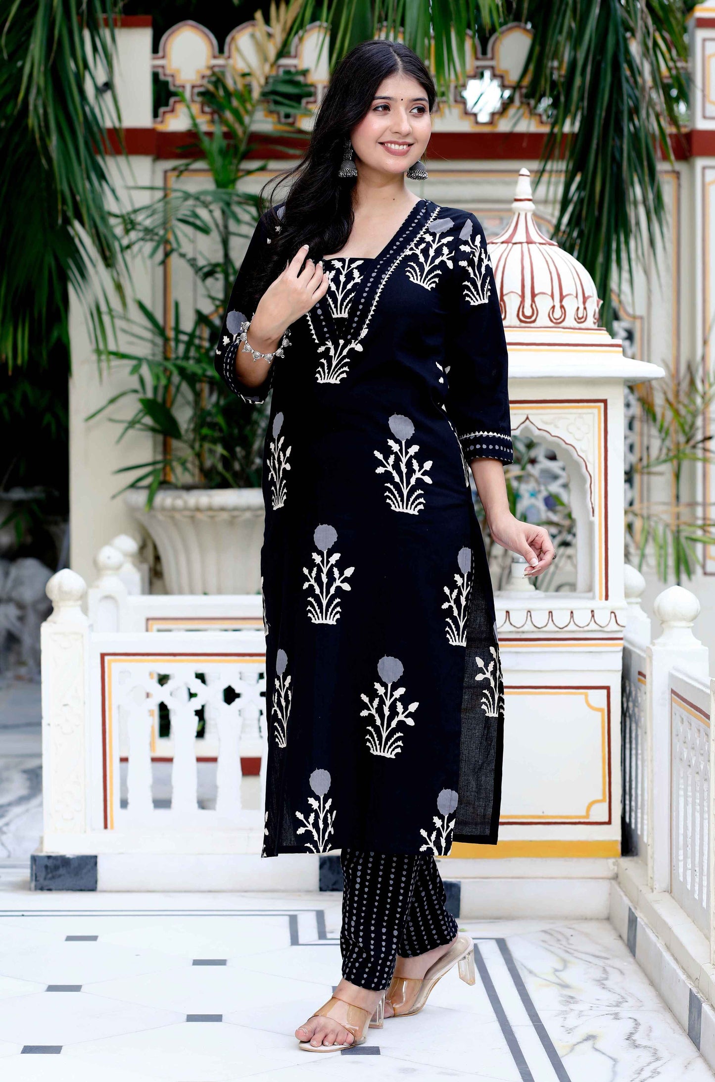 Women's Cotton Gota Patti Black Floral Printed Straight Kurta Palazzo Set - Miravan