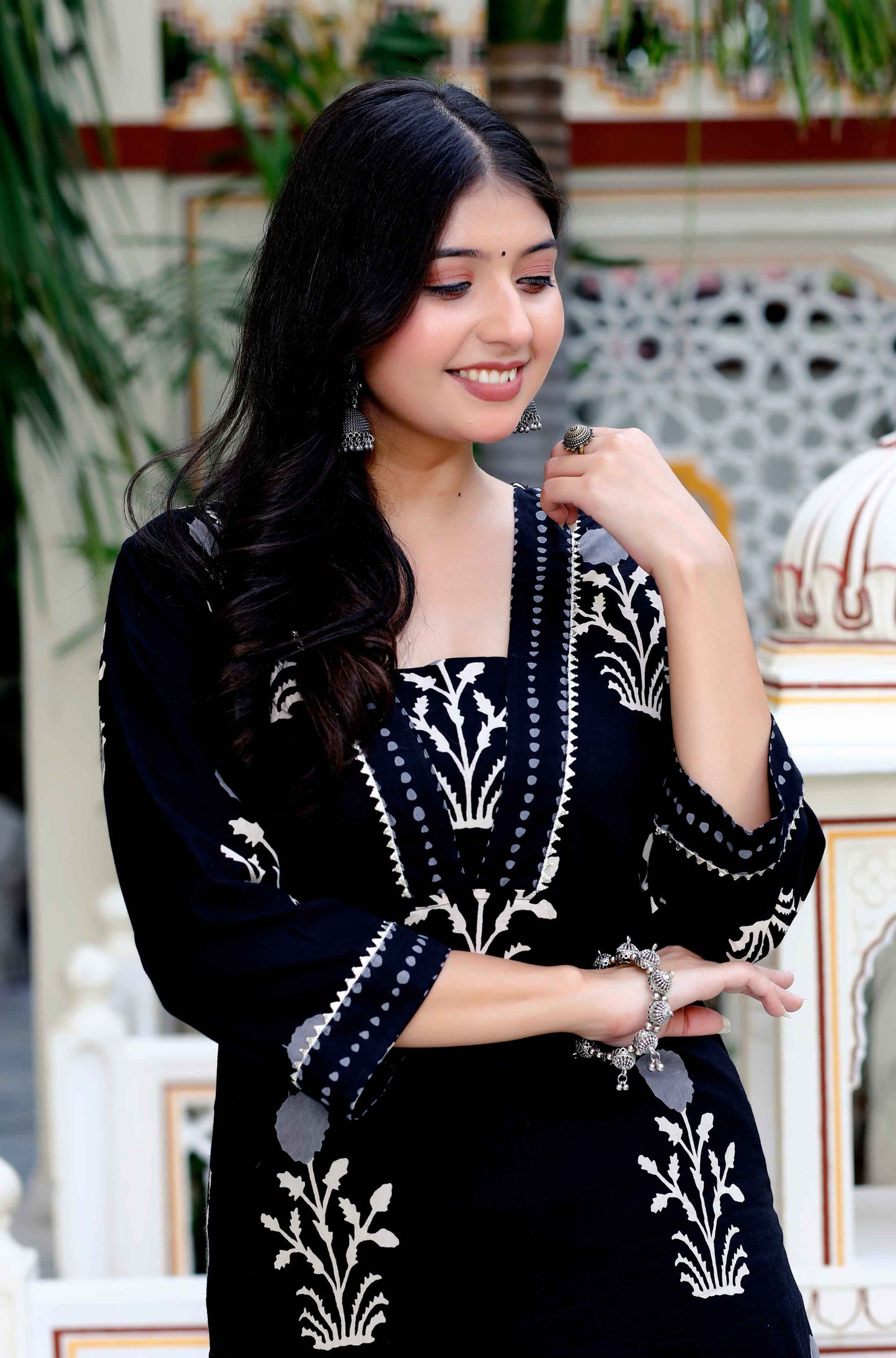 Women's Cotton Gota Patti Black Floral Printed Straight Kurta Palazzo Set - Miravan