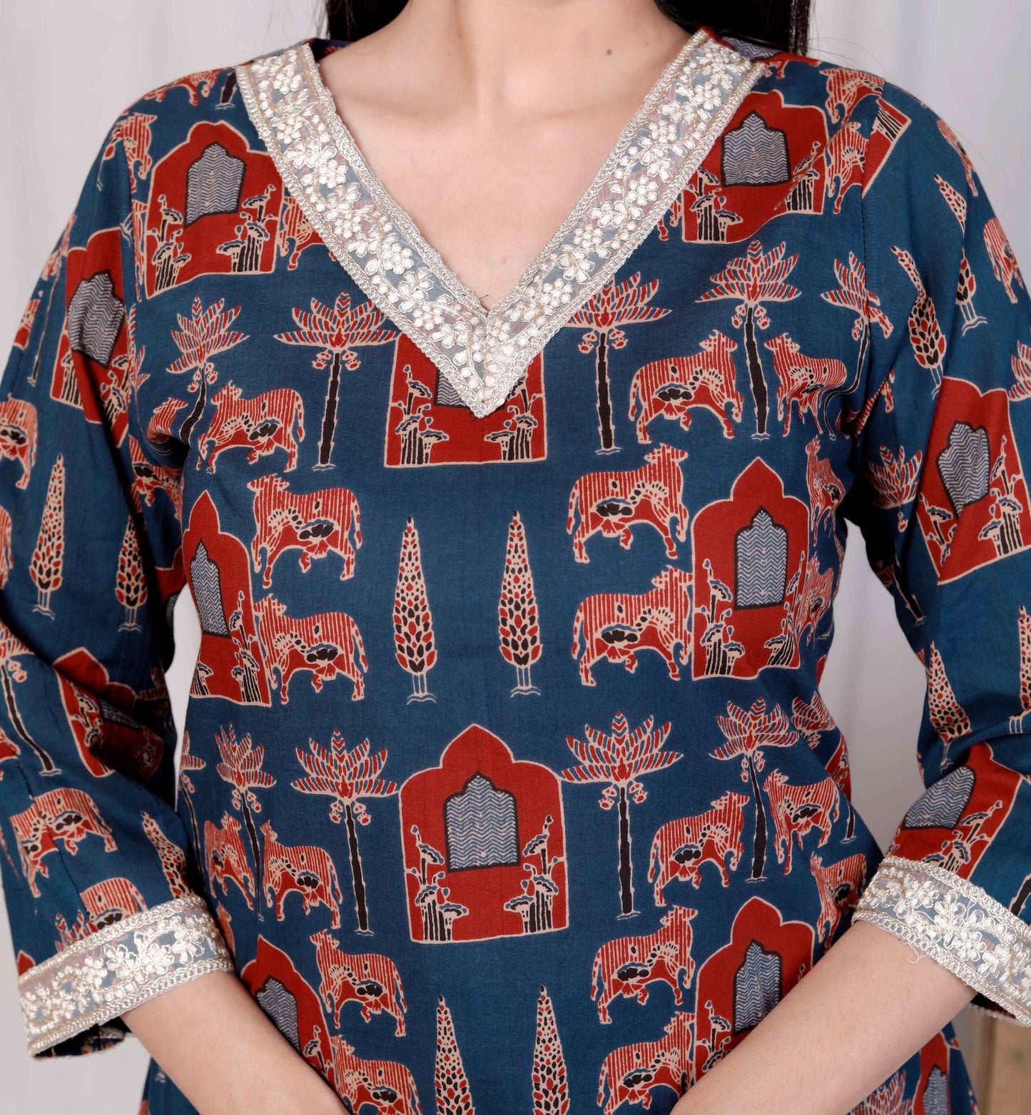 Miravan Womens Blue Pure Cotton Animal Printed Zari Lace Work Anarakali Kurta And Palazzo Set