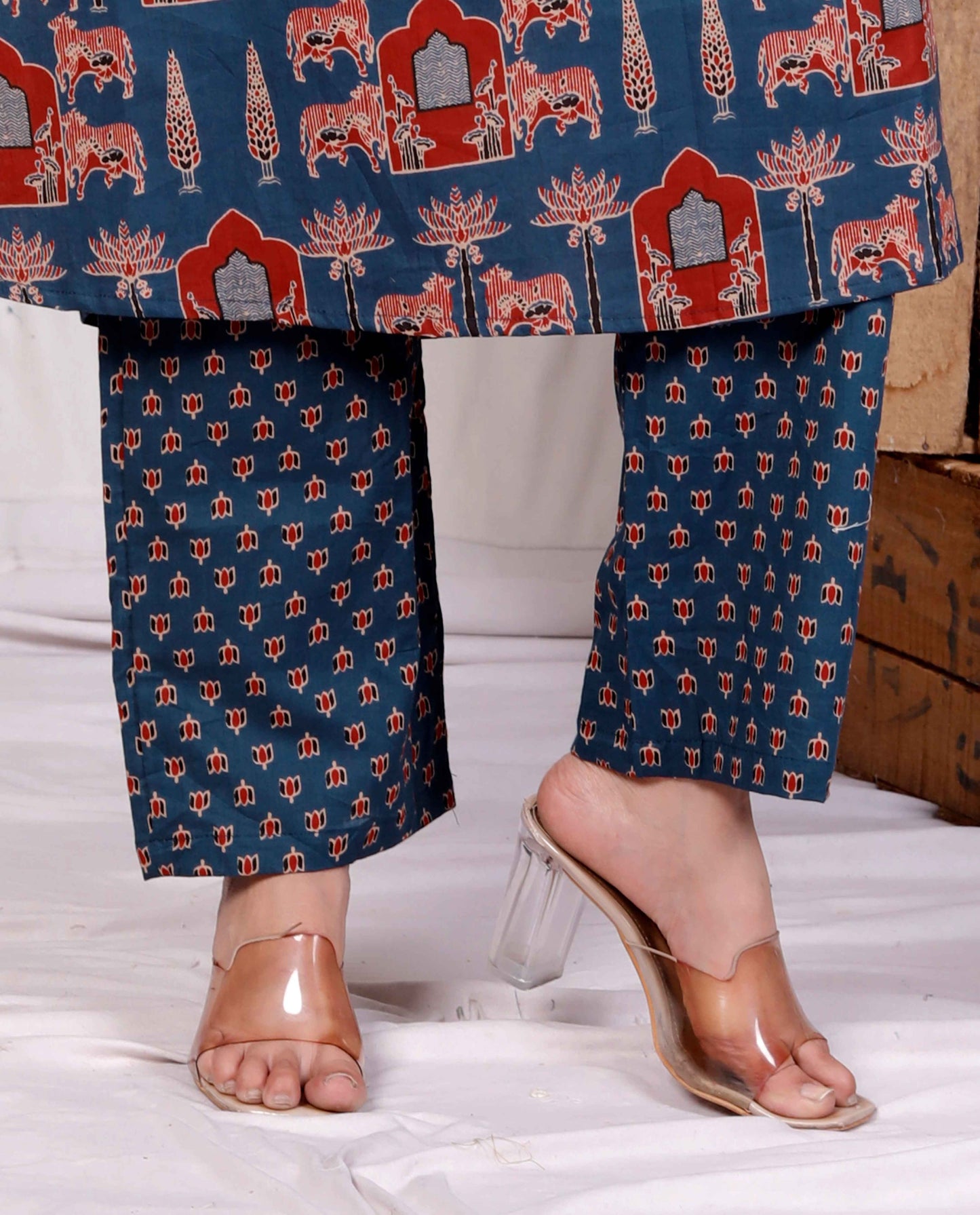 Miravan Womens Blue Pure Cotton Animal Printed Zari Lace Work Anarakali Kurta And Palazzo Set