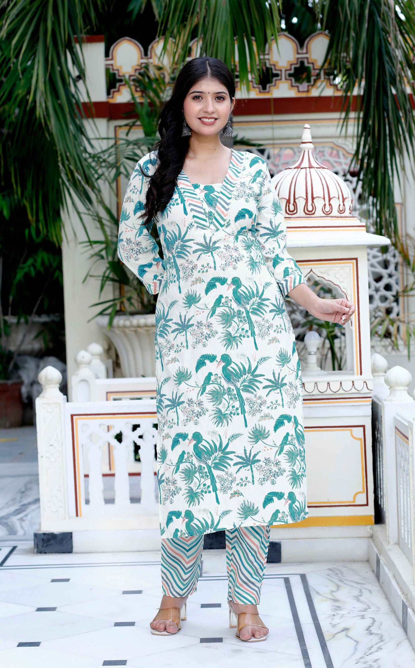Women's Light Green Scenic Birds And Leaf Straight Pakistani Style Kurta And Palazzo - Miravan