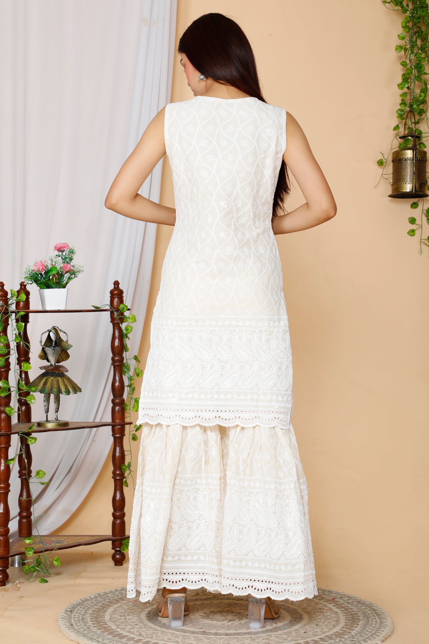Women's Beige Embroidered Chikankari Cotton Kurti & Sharara With Dupatta - Miravan