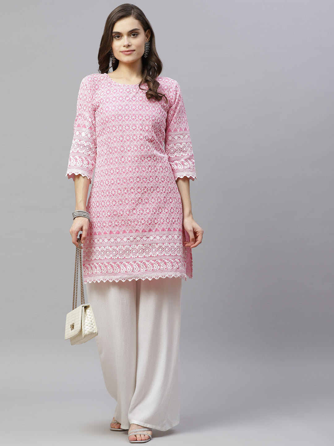 Miravan Womens Pink Ethnic Motifs Embroidered Chikankari Straight Kurti