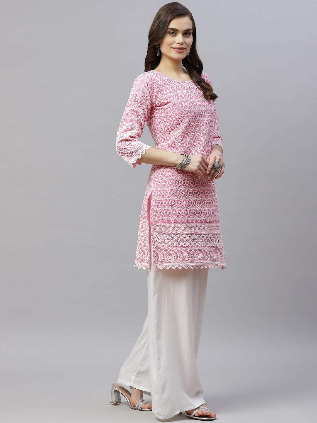 Miravan Womens Pink Ethnic Motifs Embroidered Chikankari Straight Kurti
