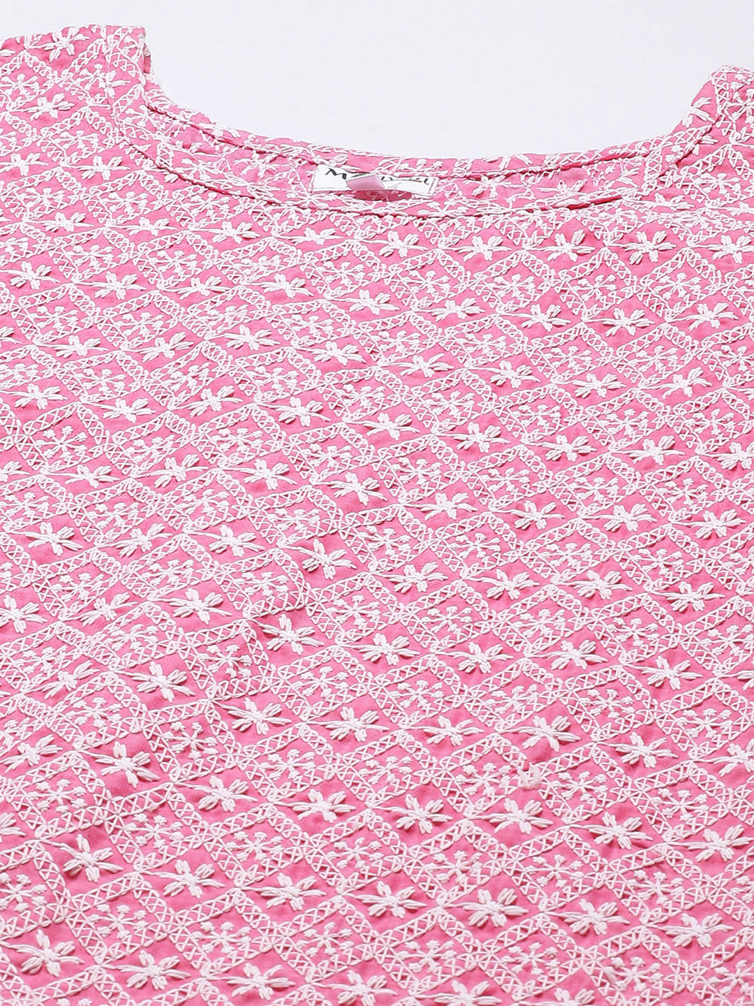 Miravan Womens Pink Ethnic Motifs Embroidered Chikankari Straight Kurti