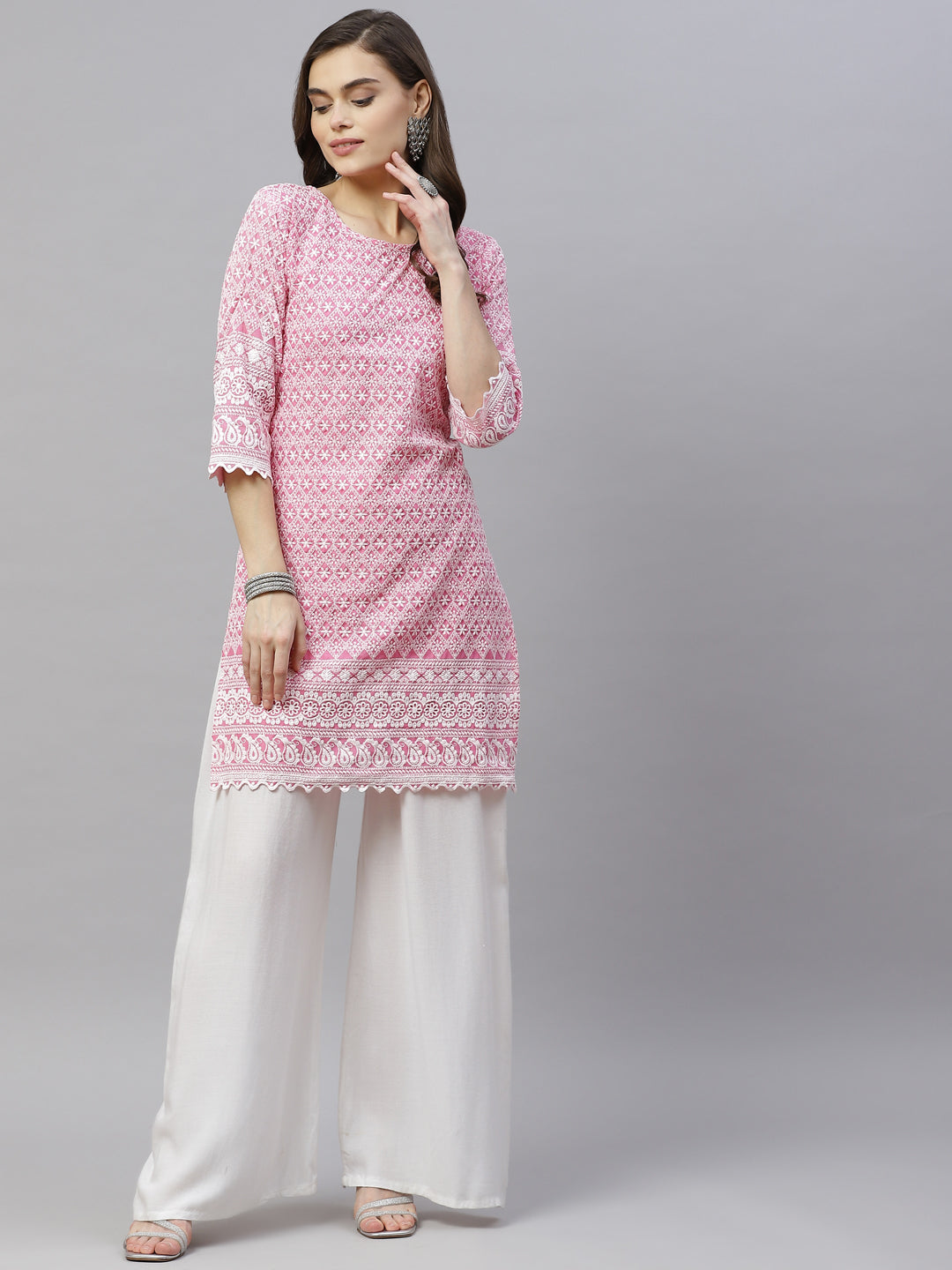 Miravan Womens Pink Ethnic Motifs Embroidered Chikankari Straight Kurti
