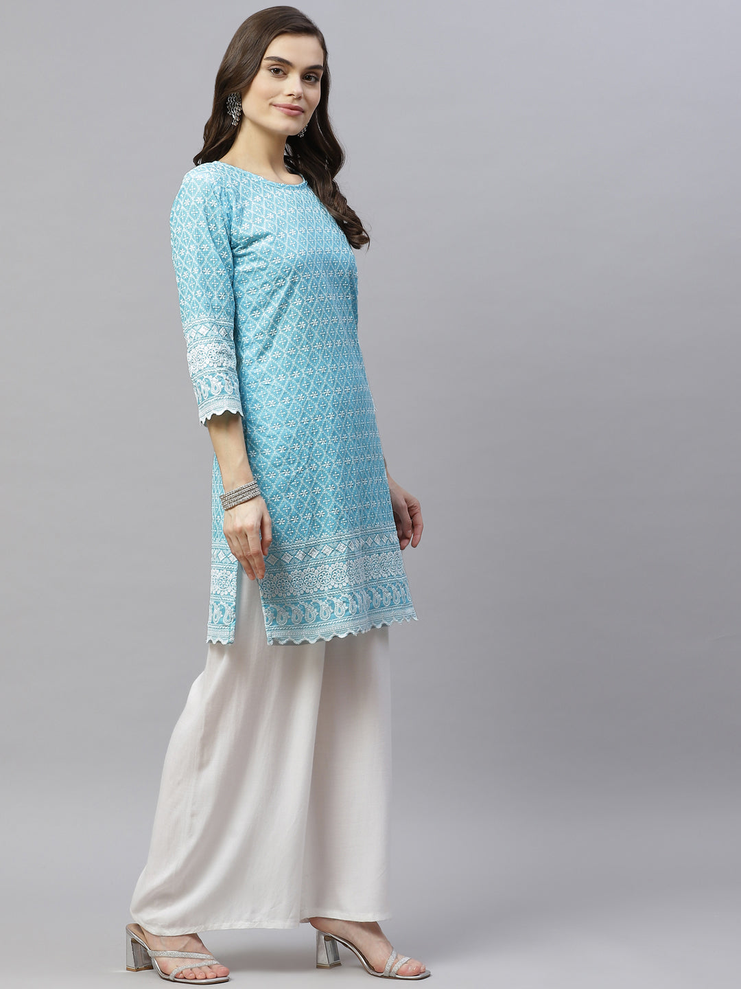 Miravan Womens Blue Ethnic Motifs Embroidered Chikankari Straight Kurti