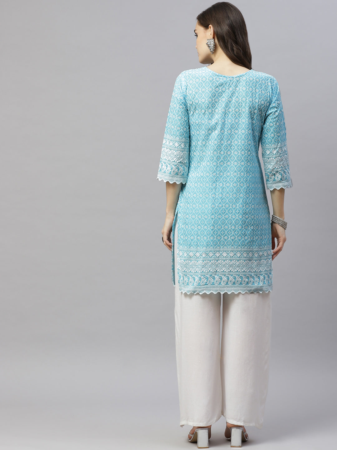 Miravan Womens Blue Ethnic Motifs Embroidered Chikankari Straight Kurti