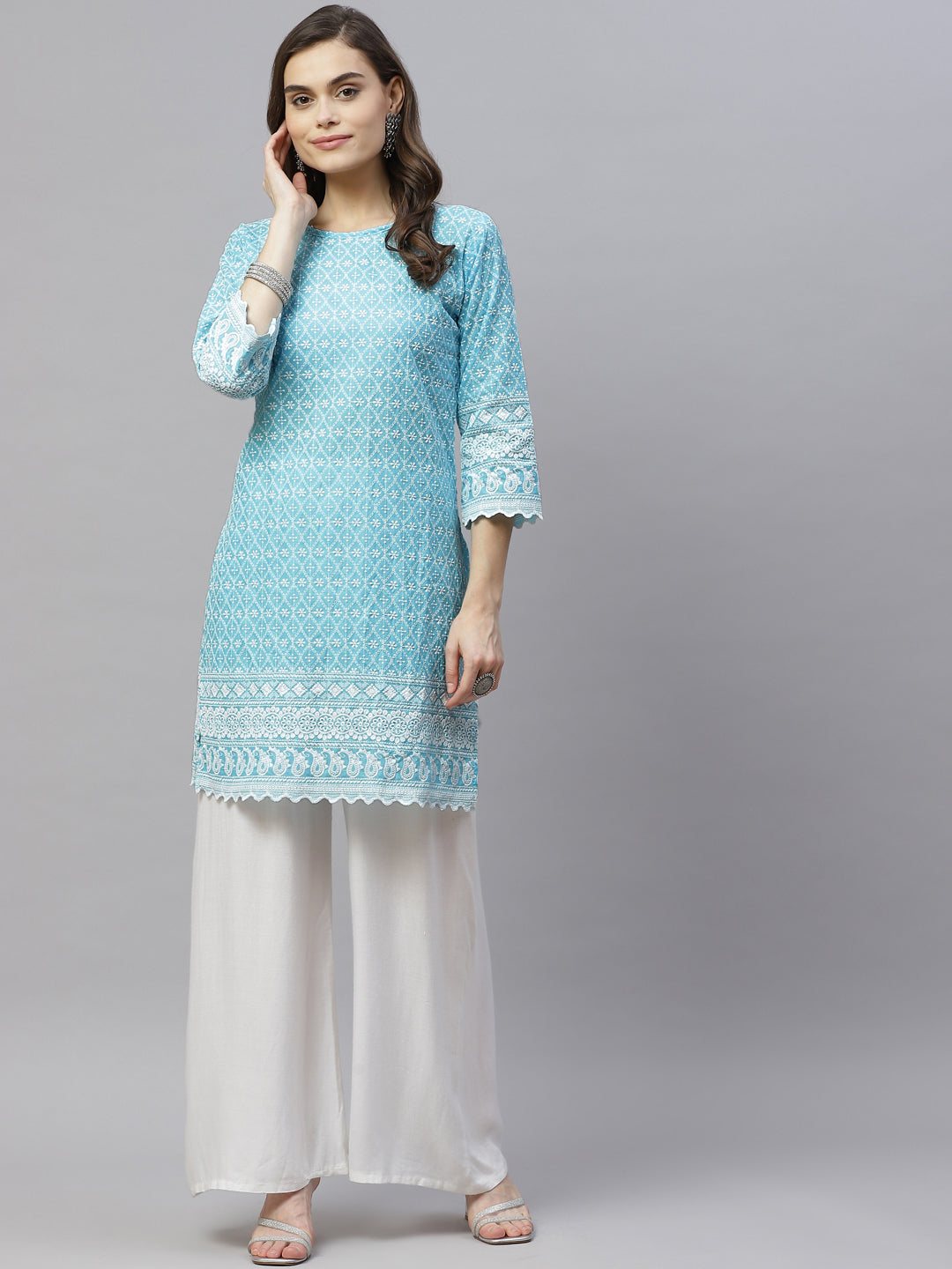 Miravan Womens Blue Ethnic Motifs Embroidered Chikankari Straight Kurti