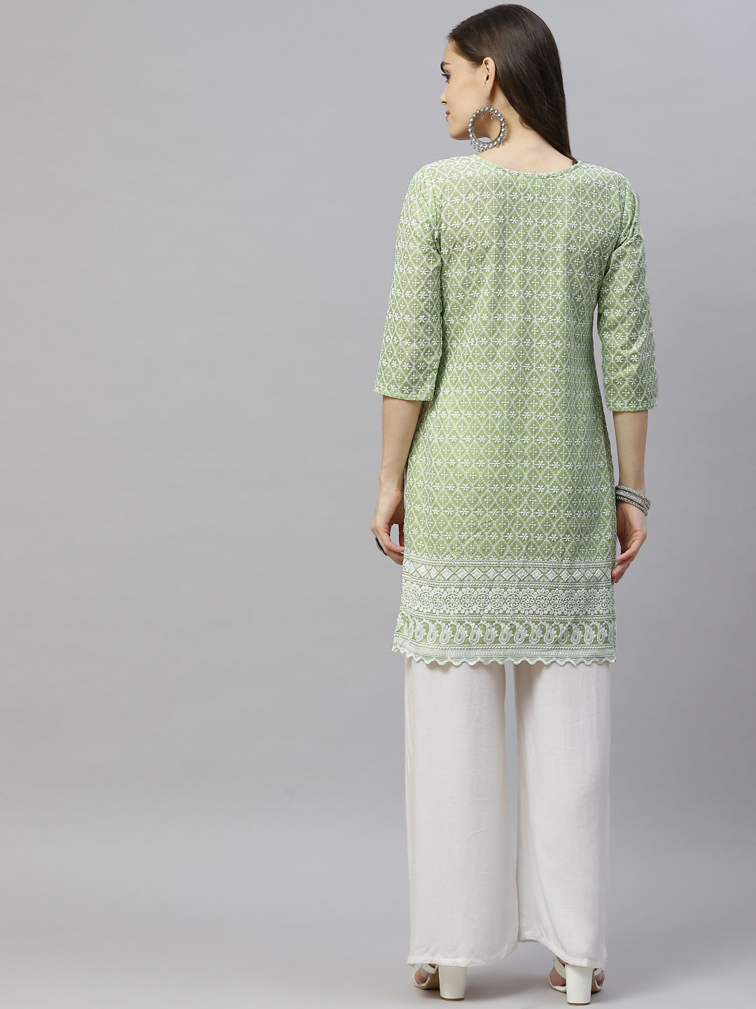 Miravan Womens Green Ethnic Motifs Embroidered Chikankari Straight Kurti