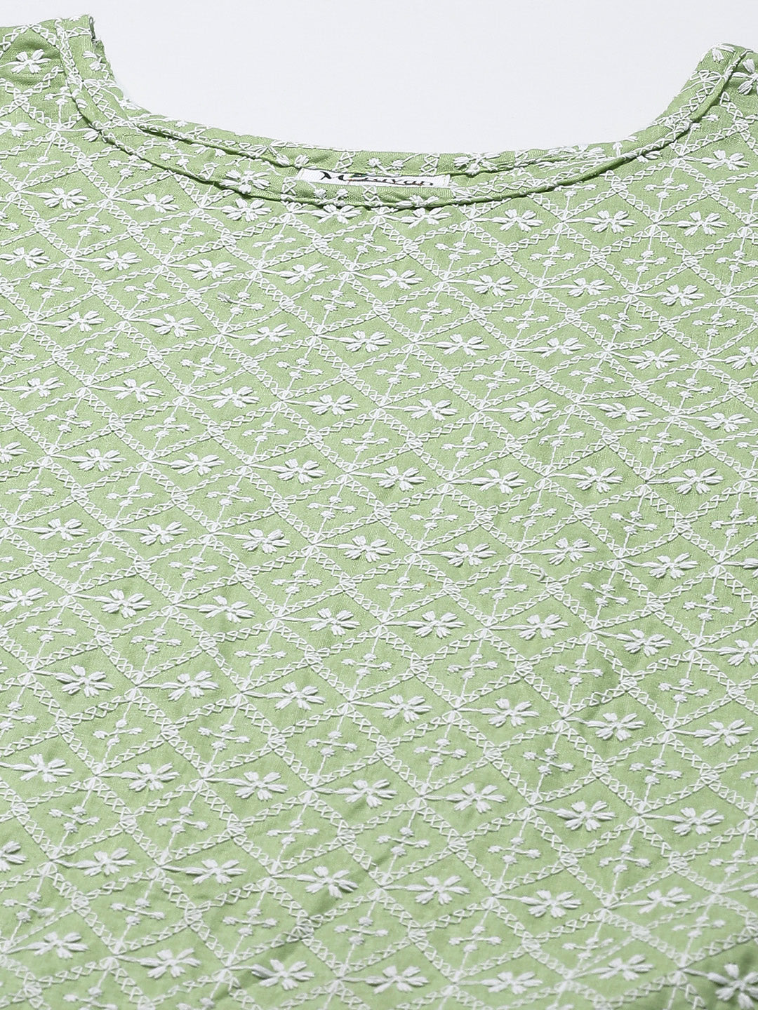 Miravan Womens Green Ethnic Motifs Embroidered Chikankari Straight Kurti