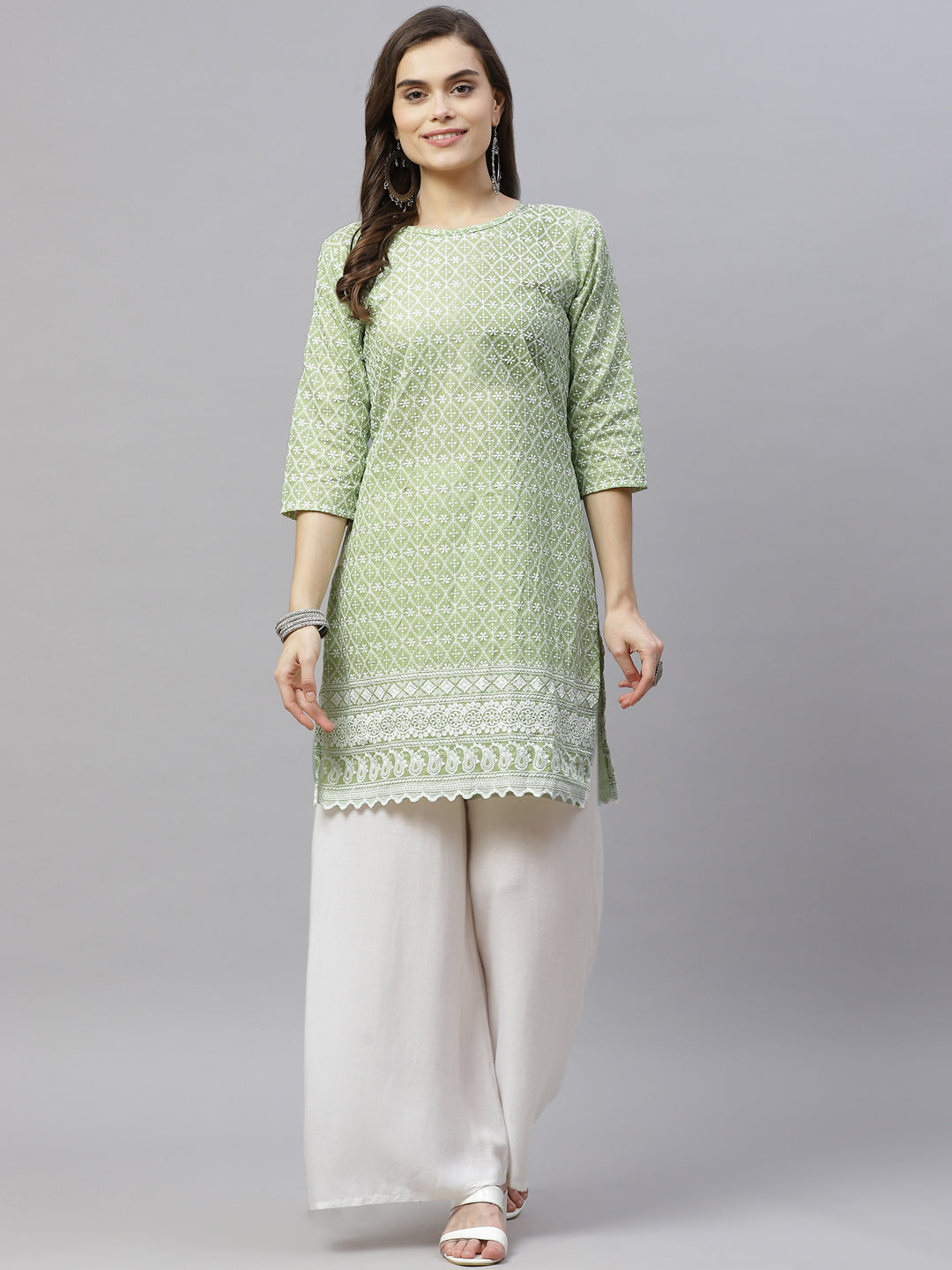 Miravan Womens Green Ethnic Motifs Embroidered Chikankari Straight Kurti