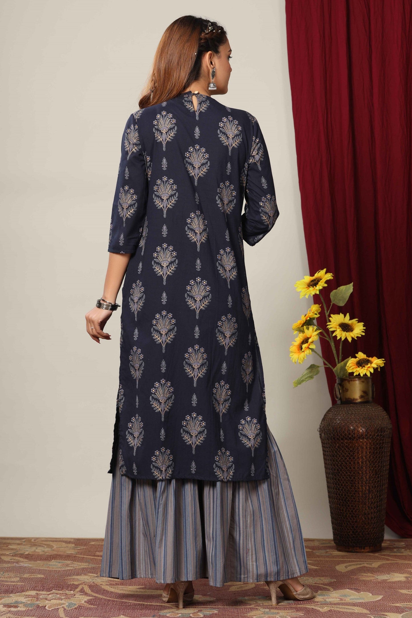Women's Blue & Grey Printed Pure Cotton Kurta With Sharara - Miravan