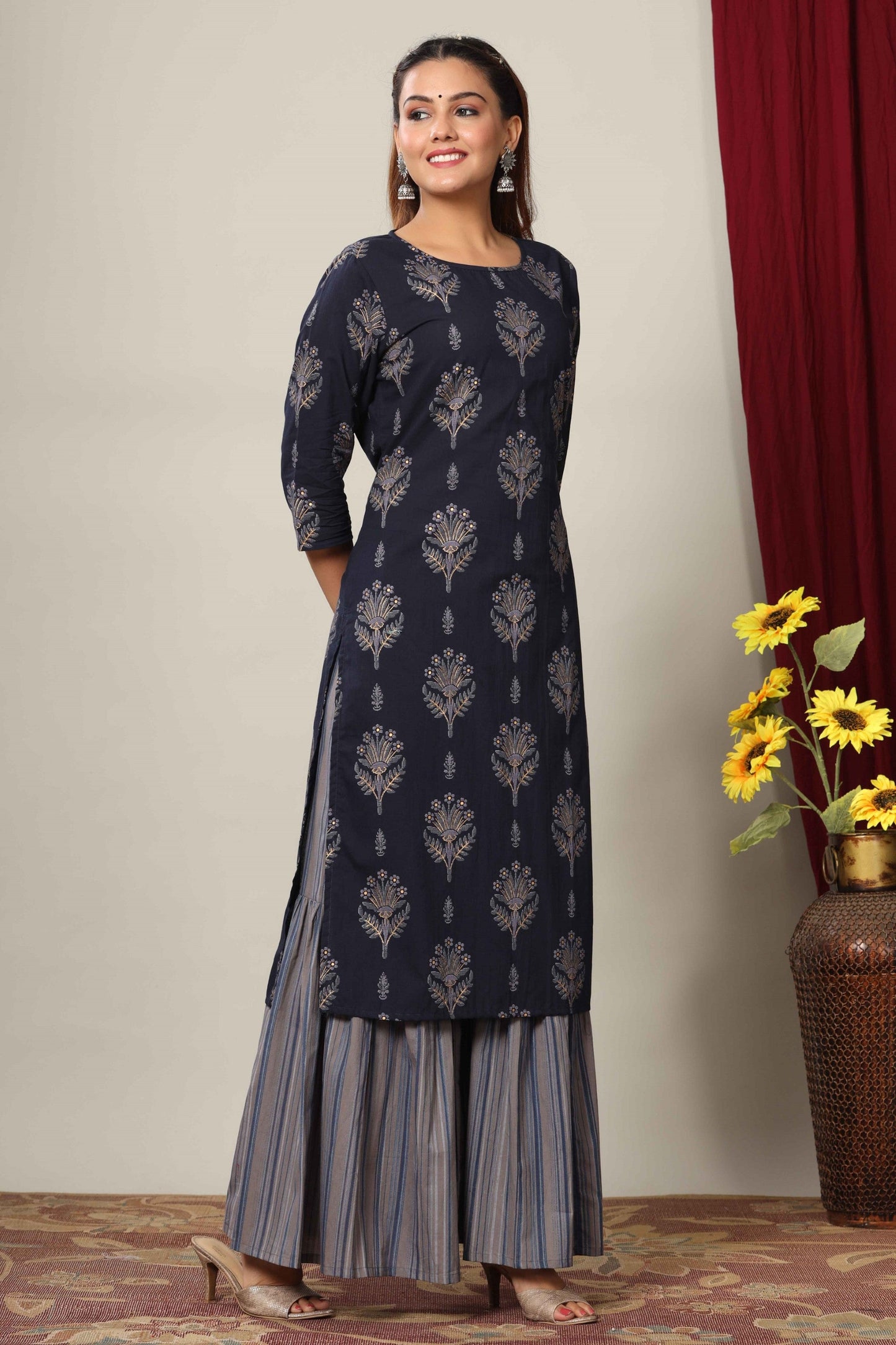 Women's Blue & Grey Printed Pure Cotton Kurta With Sharara - Miravan